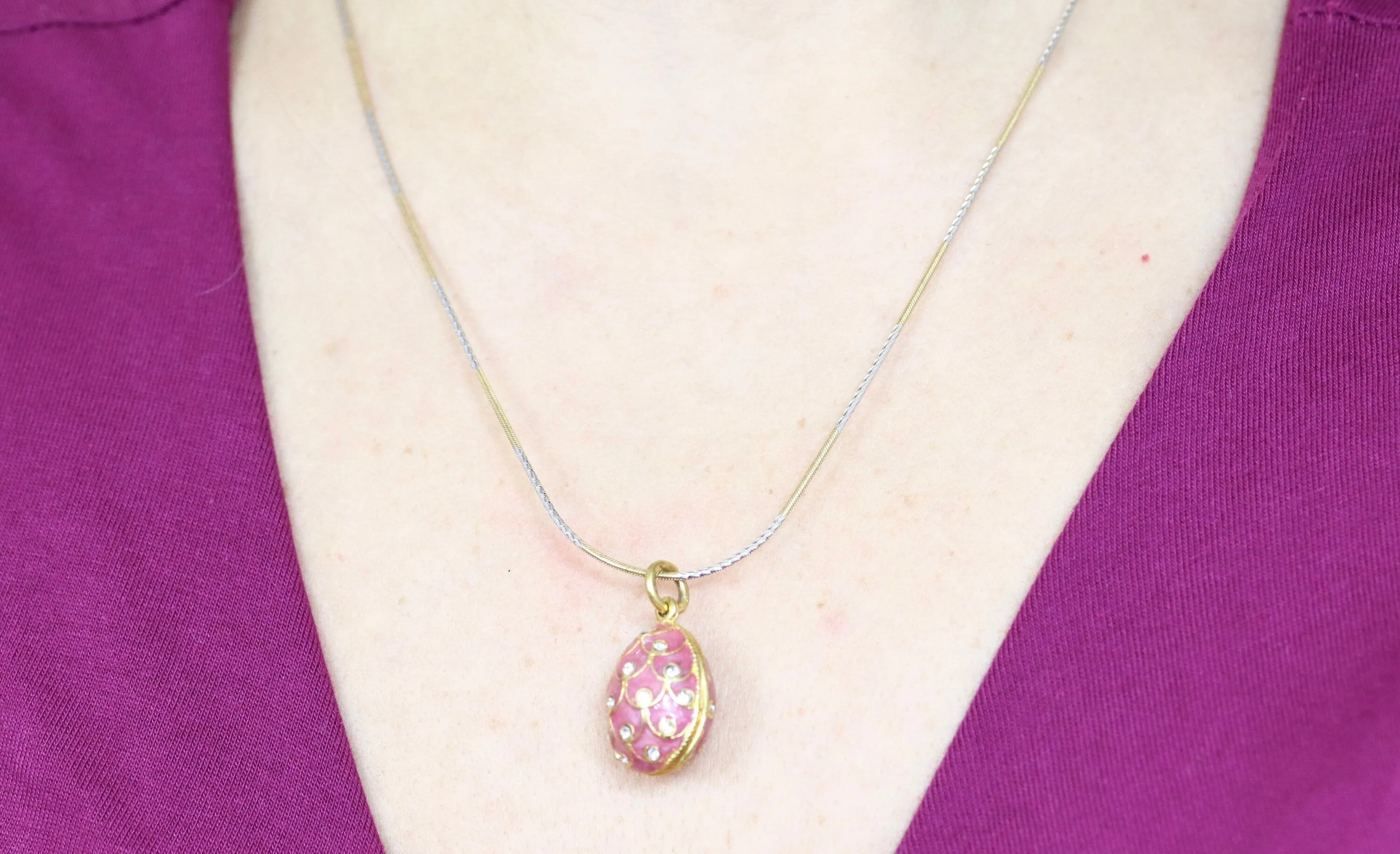 14k Round Omega Multi-Color Necklace with Gold Plated Enamel Egg pendant.