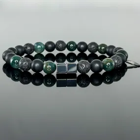 2125 Men's Trio Wristband with Moss Agate, Lava Stone and Matte Black Onyx