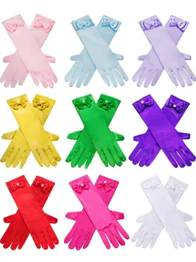 9 Pairs Girls Satin Gloves Bowknot Gloves Princess Gloves for Kids Party, Wedding, Formal Pageant, Ages 3T to 8 Years, Color 3, Small