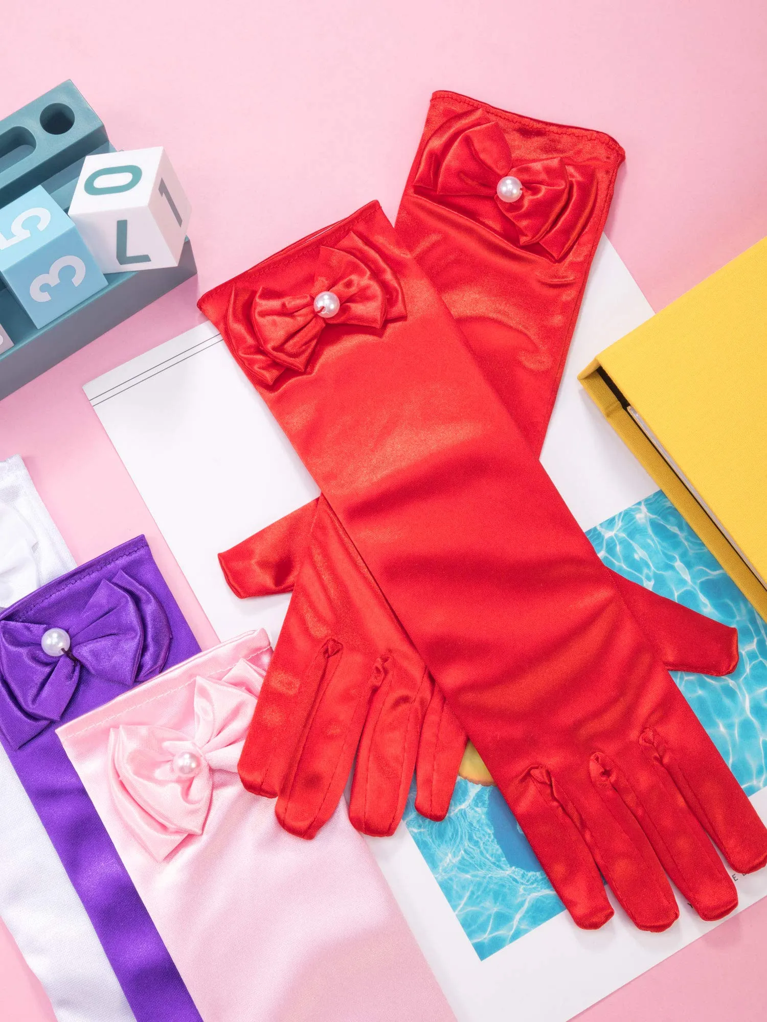 9 Pairs Girls Satin Gloves Bowknot Gloves Princess Gloves for Kids Party, Wedding, Formal Pageant, Ages 3T to 8 Years, Color 3, Small