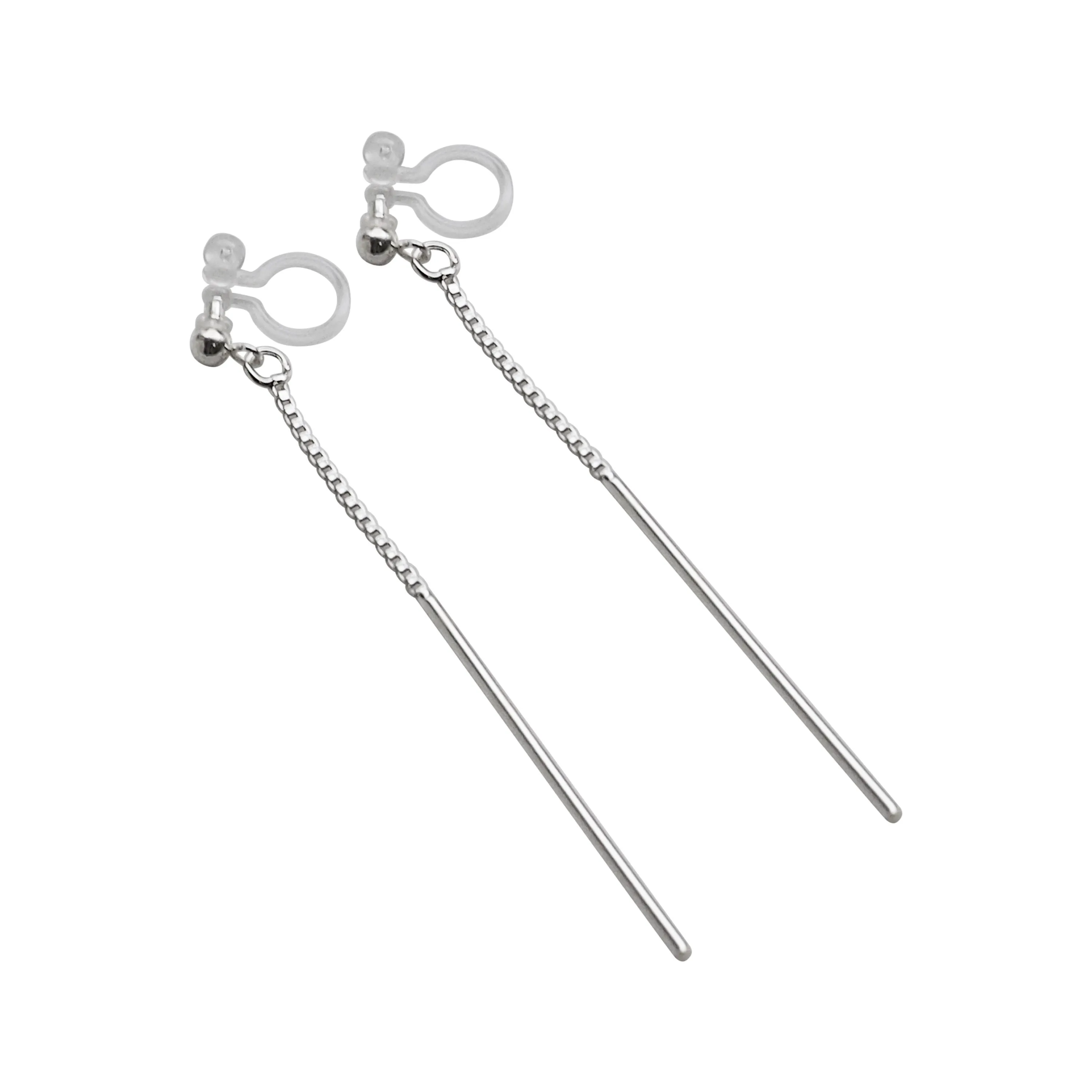 925 Sterling Silver Dangle Bar Invisible Clip On Earrings