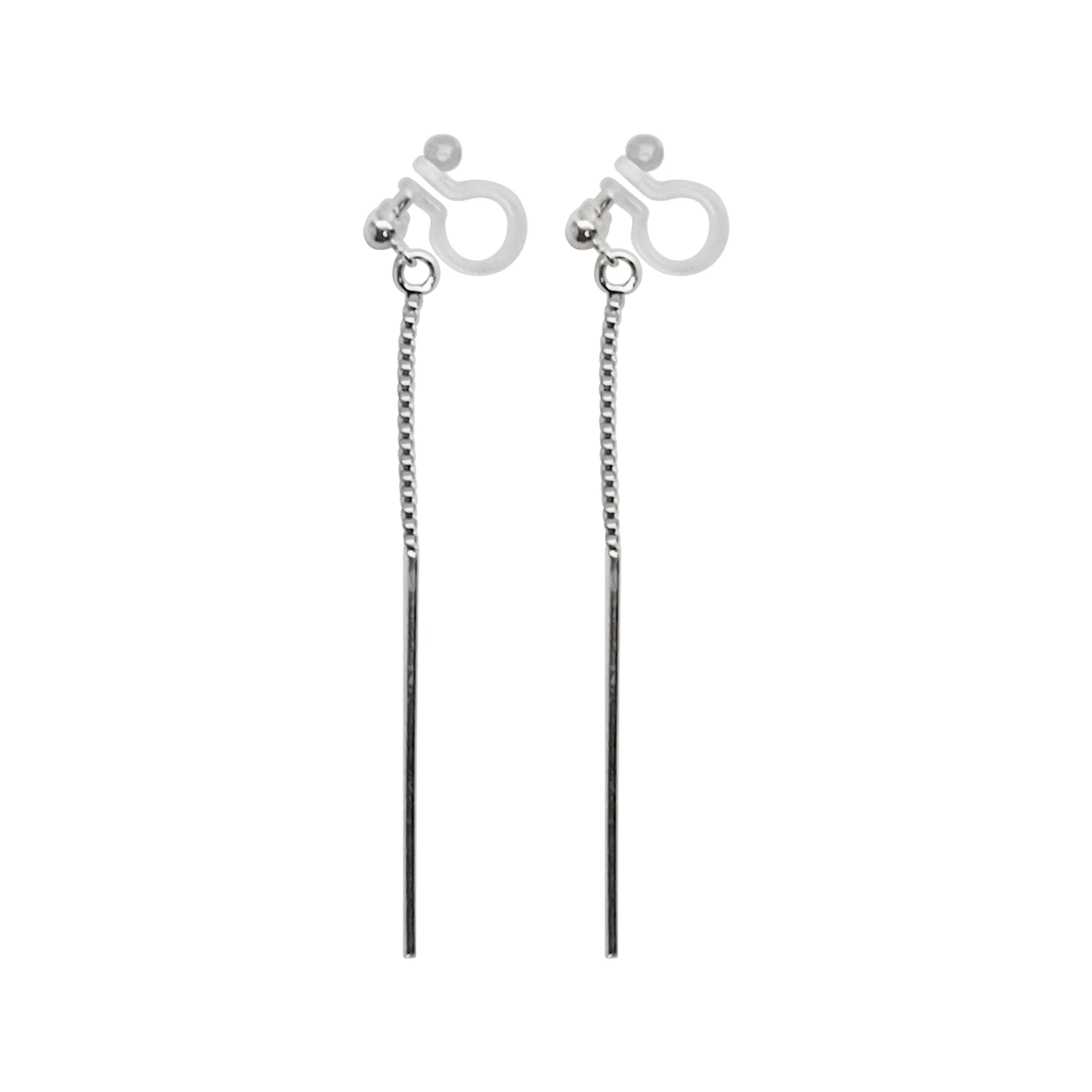 925 Sterling Silver Dangle Bar Invisible Clip On Earrings