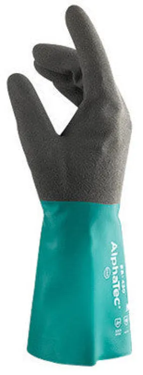 Ansell Size 9 Sea Green AlphaTec 12" Cotton Flock Lined 12/10 mil Nitrile Chemical Resistant Gloves With Ansell Grip Technology Finish And Gauntlet Cuff