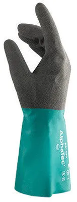 Ansell Size 9 Sea Green AlphaTec 12" Cotton Flock Lined 12/10 mil Nitrile Chemical Resistant Gloves With Ansell Grip Technology Finish And Gauntlet Cuff