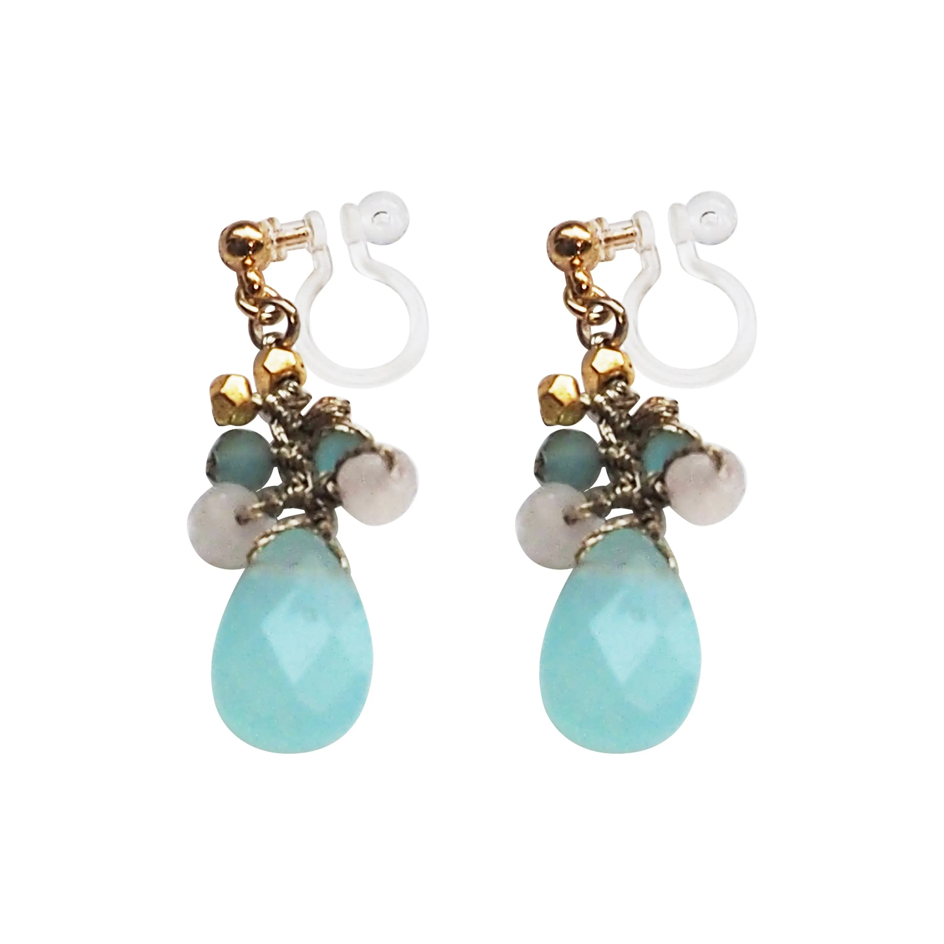 Aqua Blue Chalcedony Invisible Clip On Earrings