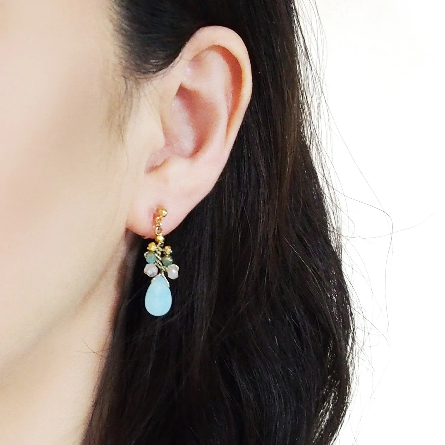 Aqua Blue Chalcedony Invisible Clip On Earrings
