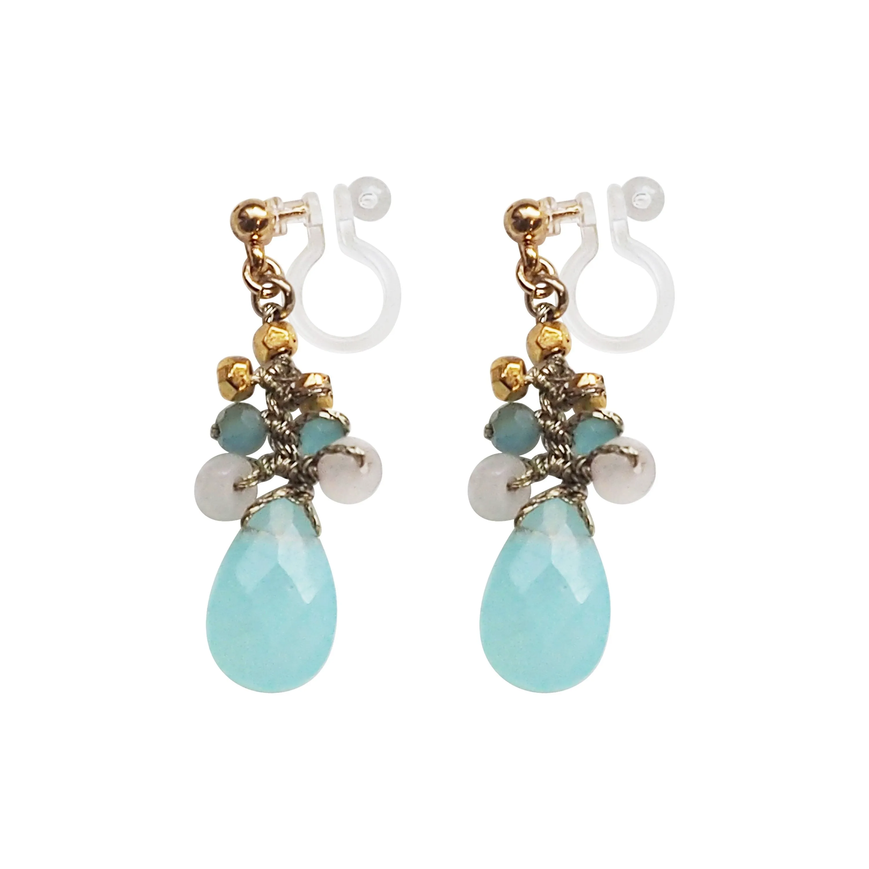Aqua Blue Chalcedony Invisible Clip On Earrings