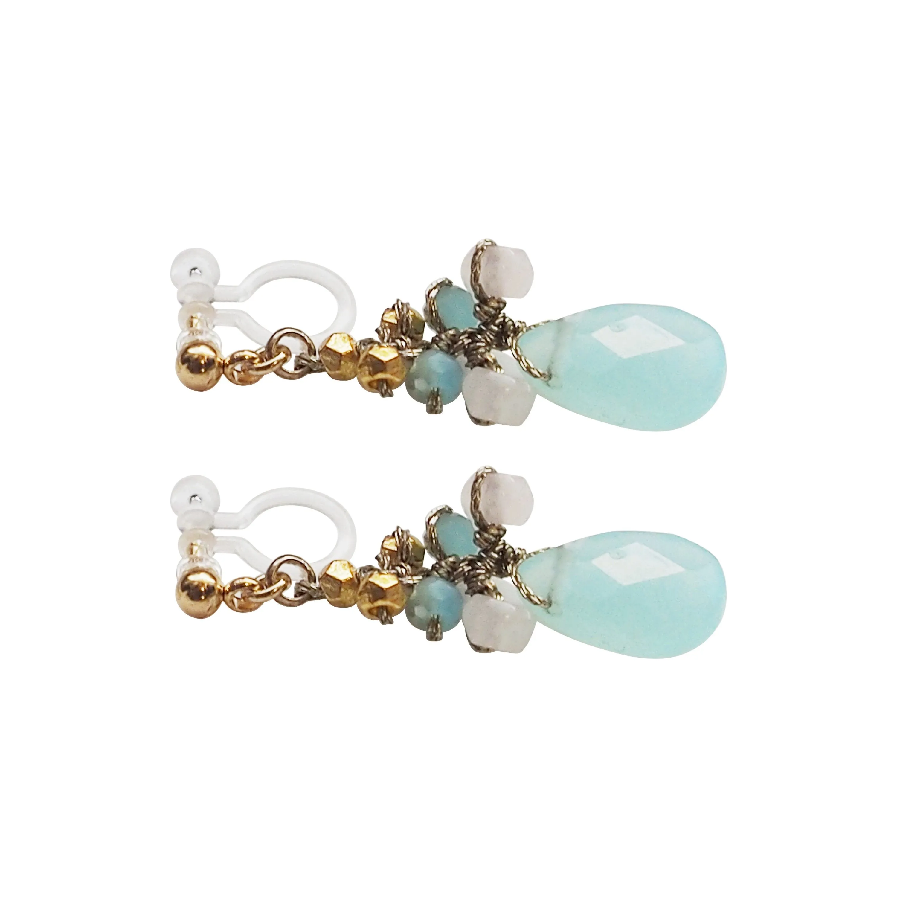 Aqua Blue Chalcedony Invisible Clip On Earrings