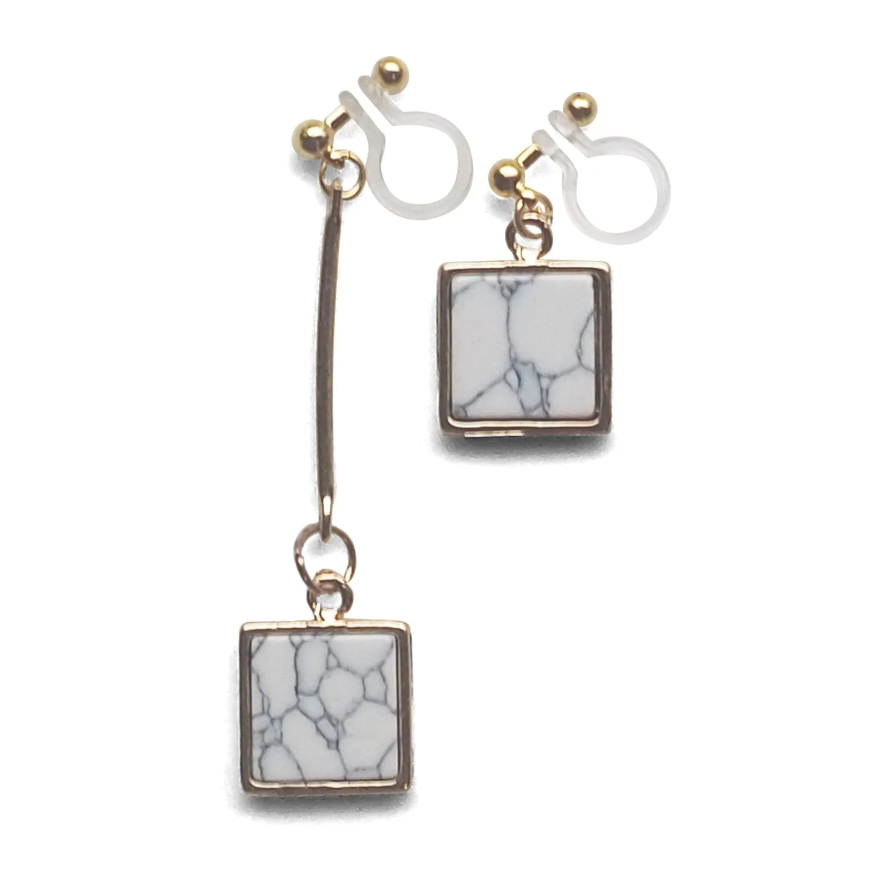 Asymmetric Square Marble Faux White Stone Invisible Clip On Earrings