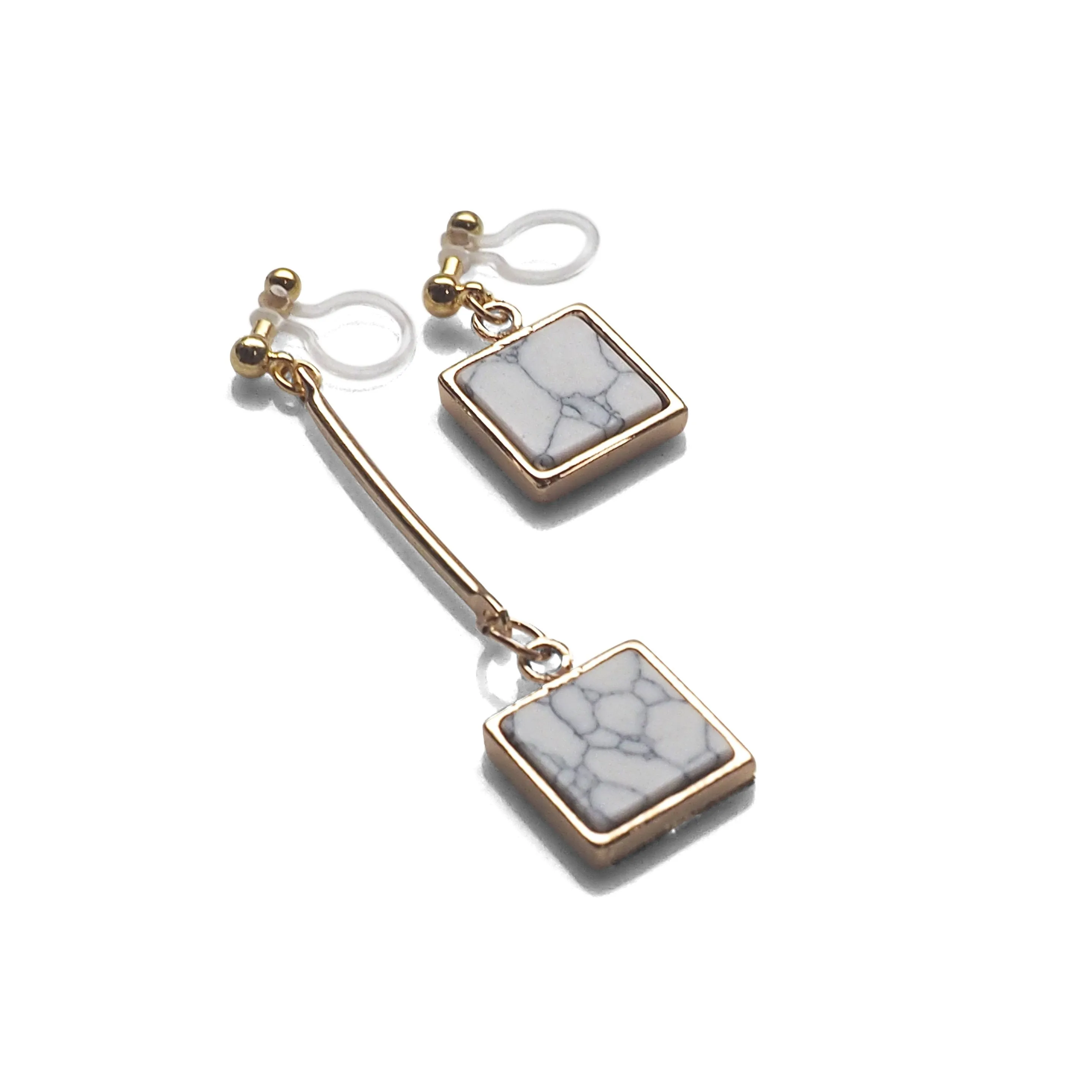 Asymmetric Square Marble Faux White Stone Invisible Clip On Earrings