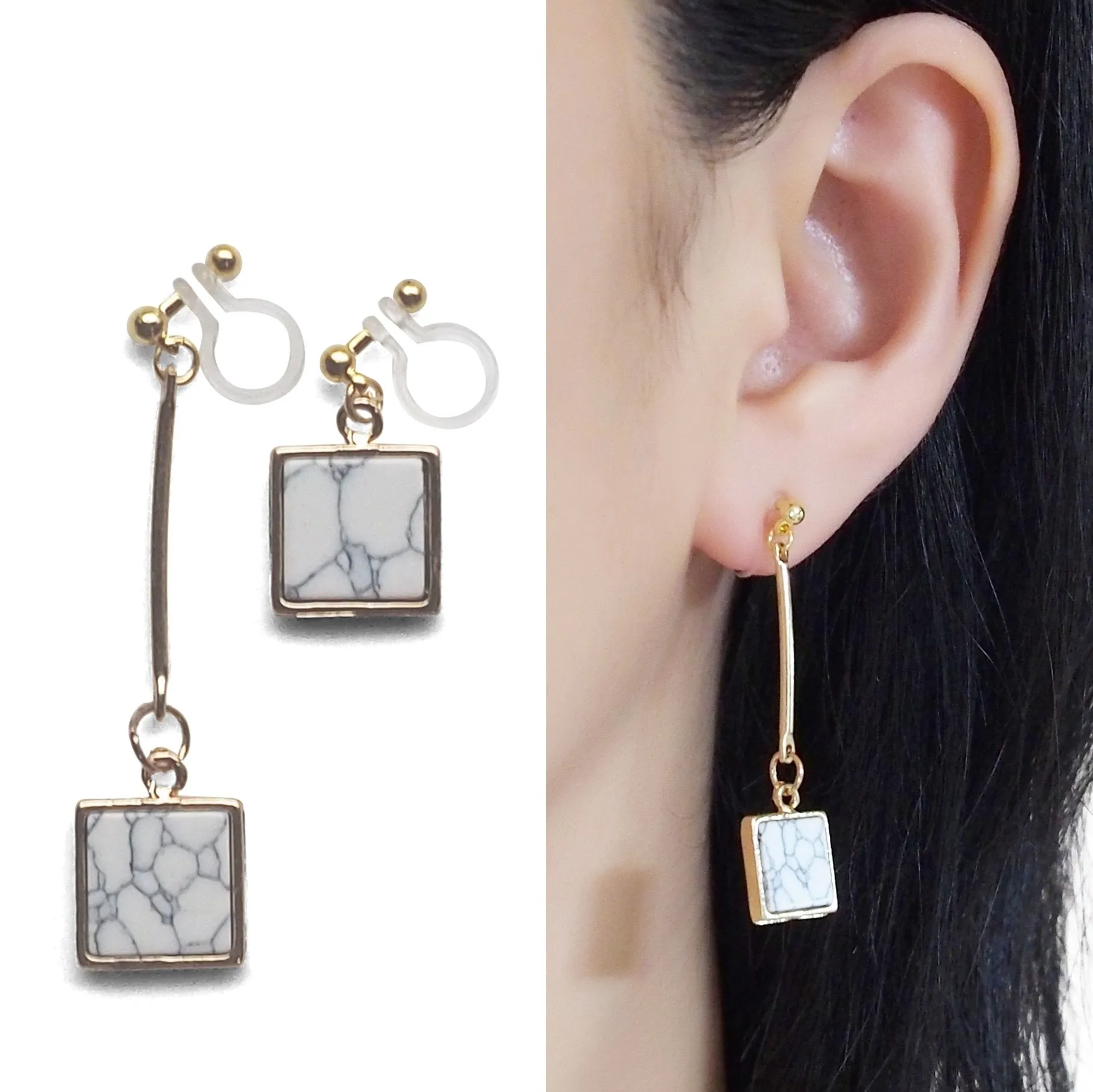 Asymmetric Square Marble Faux White Stone Invisible Clip On Earrings