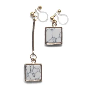 Asymmetric Square Marble Faux White Stone Invisible Clip On Earrings