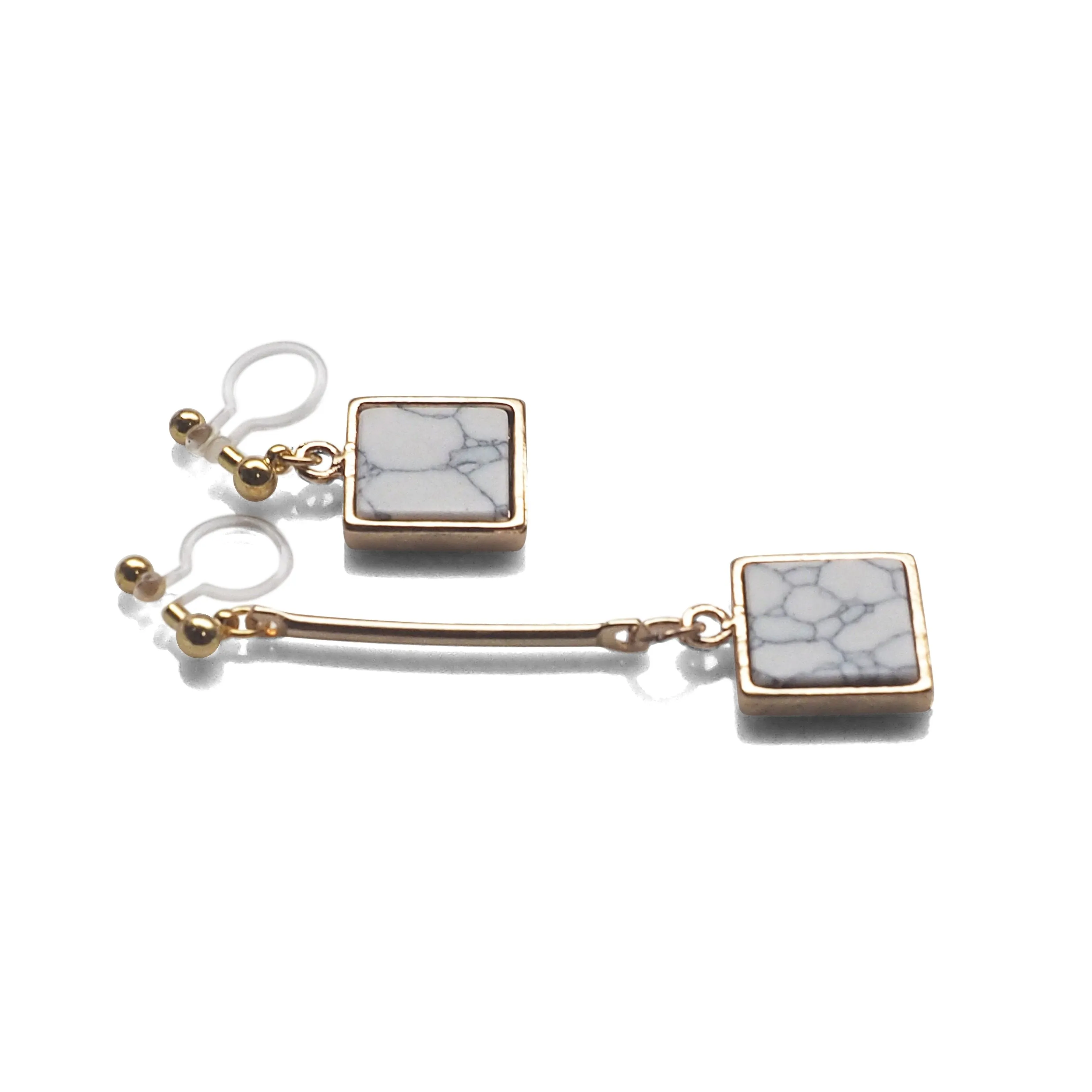 Asymmetric Square Marble Faux White Stone Invisible Clip On Earrings