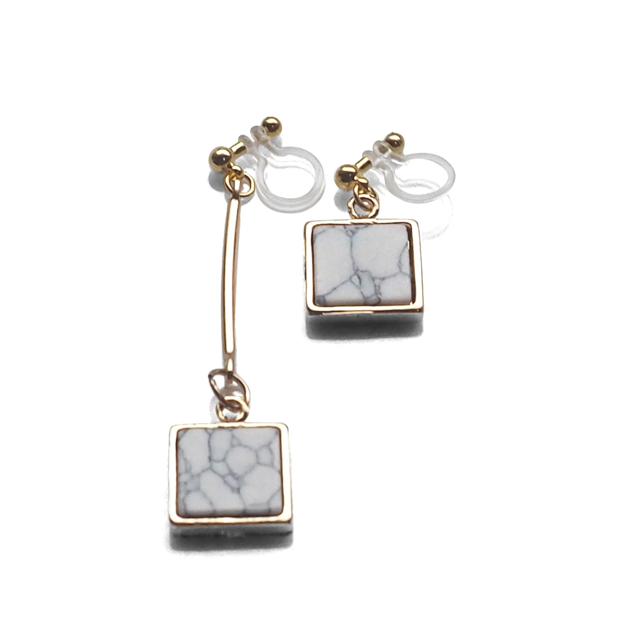 Asymmetric Square Marble Faux White Stone Invisible Clip On Earrings
