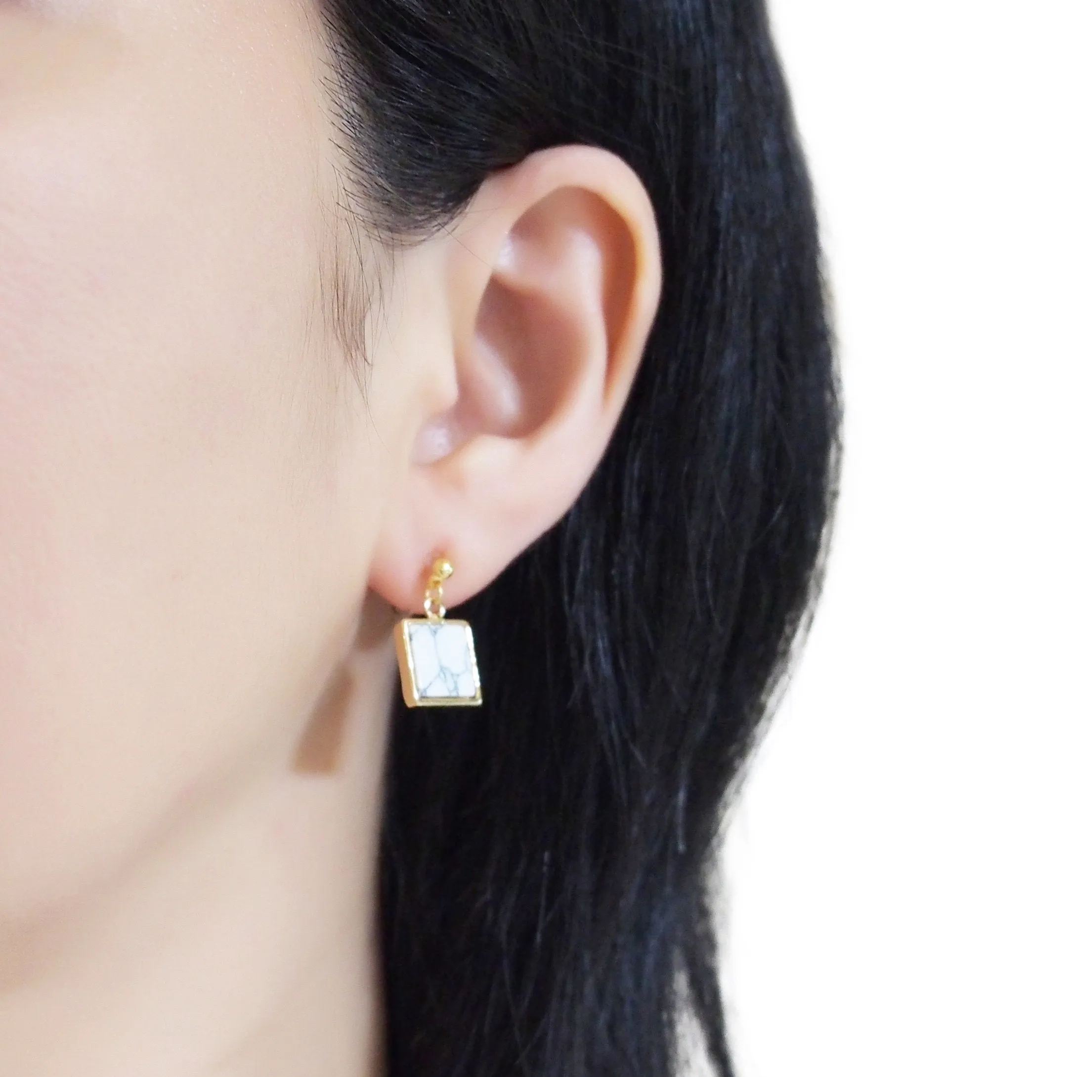 Asymmetric Square Marble Faux White Stone Invisible Clip On Earrings