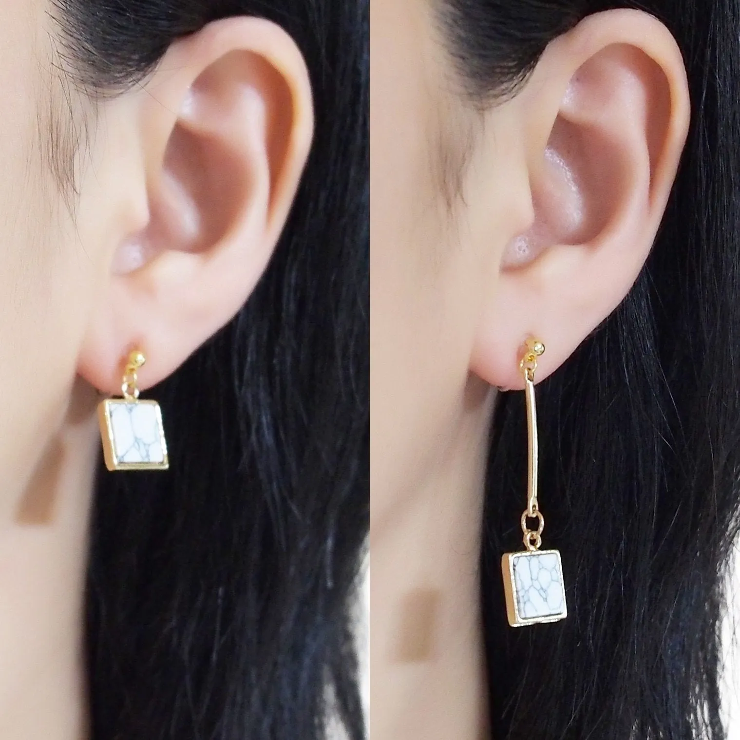 Asymmetric Square Marble Faux White Stone Invisible Clip On Earrings