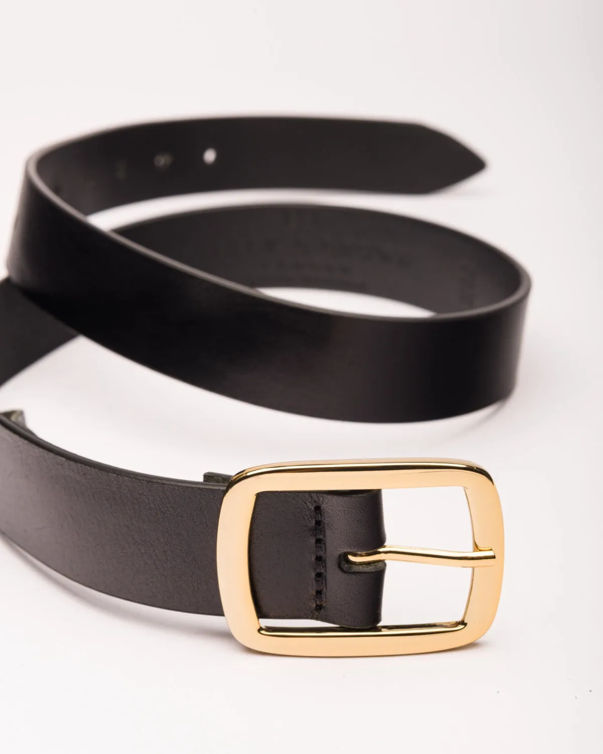 Avery gold buckle black leather belt