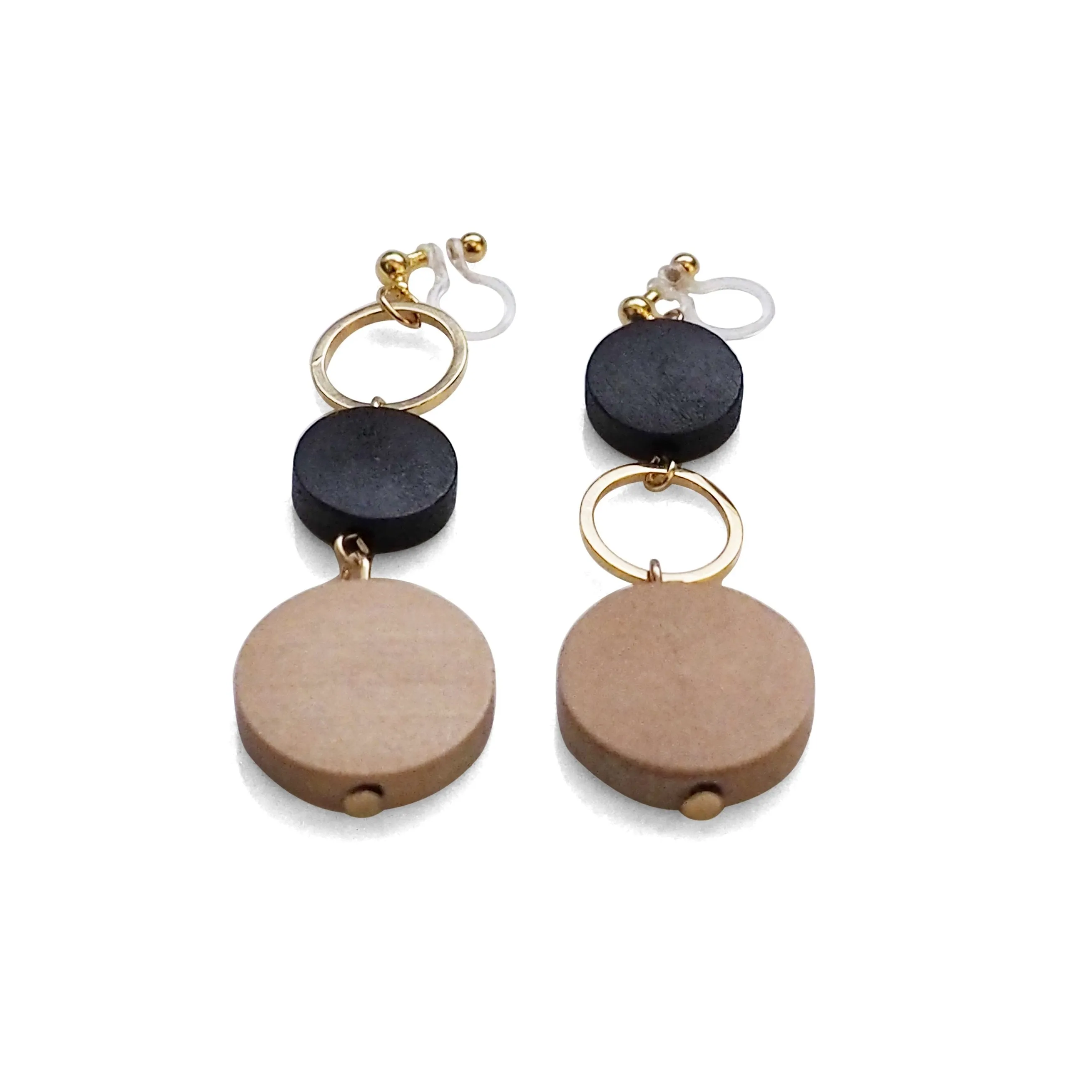 Beige and black wood invisible clip on earrings
