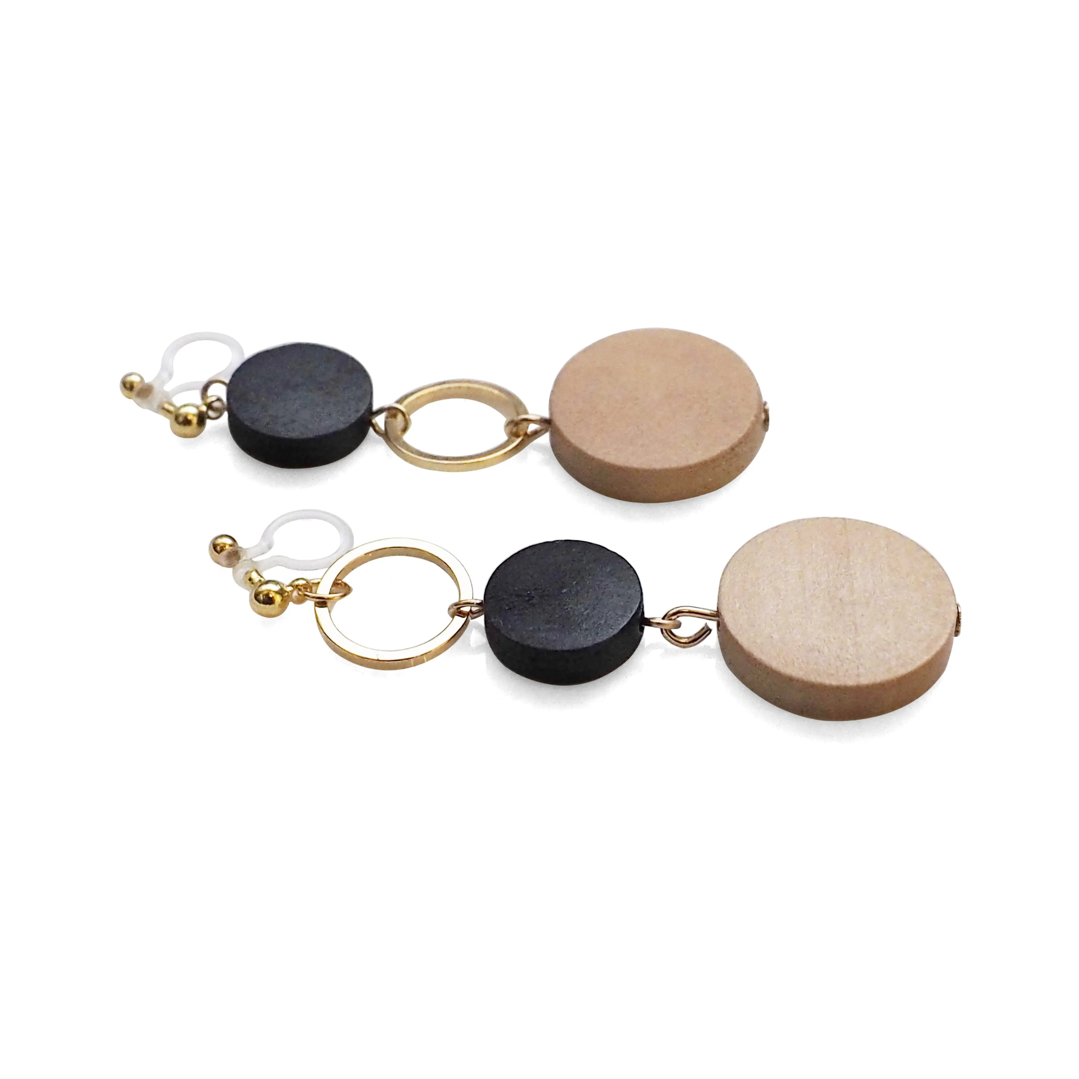 Beige and black wood invisible clip on earrings