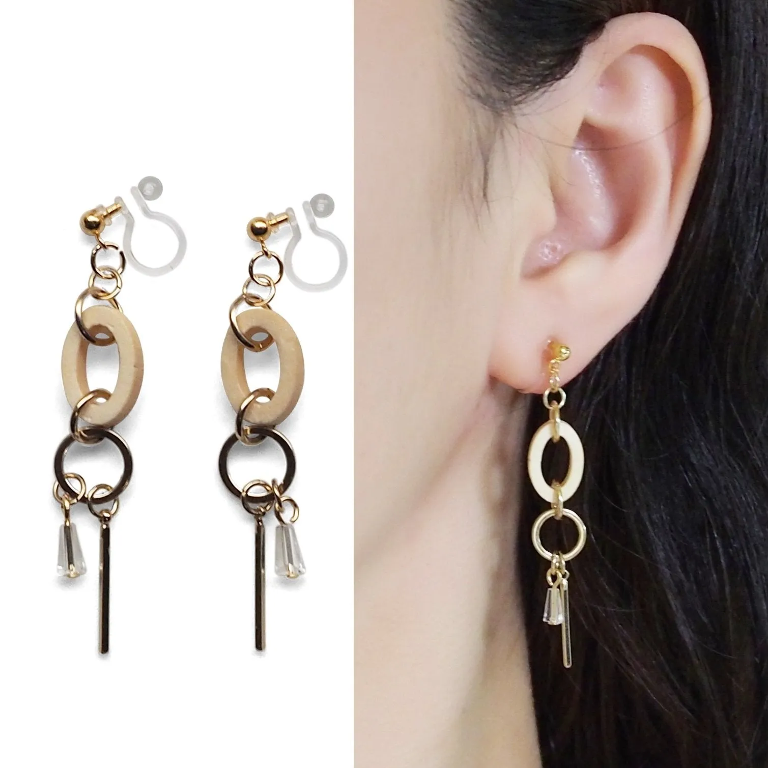 Beige Wood and Gold Hoop Invisible Clip On Earrings