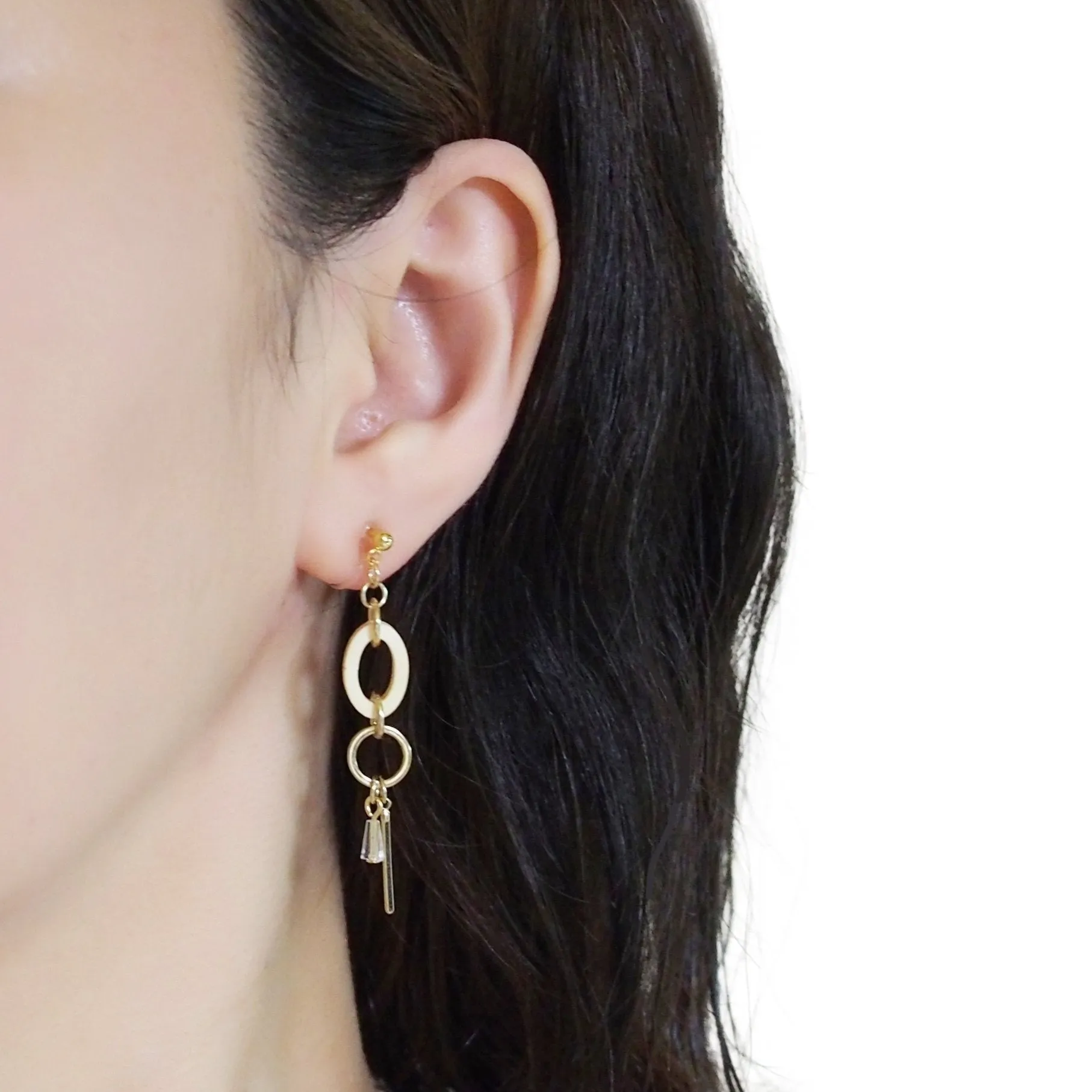 Beige Wood and Gold Hoop Invisible Clip On Earrings