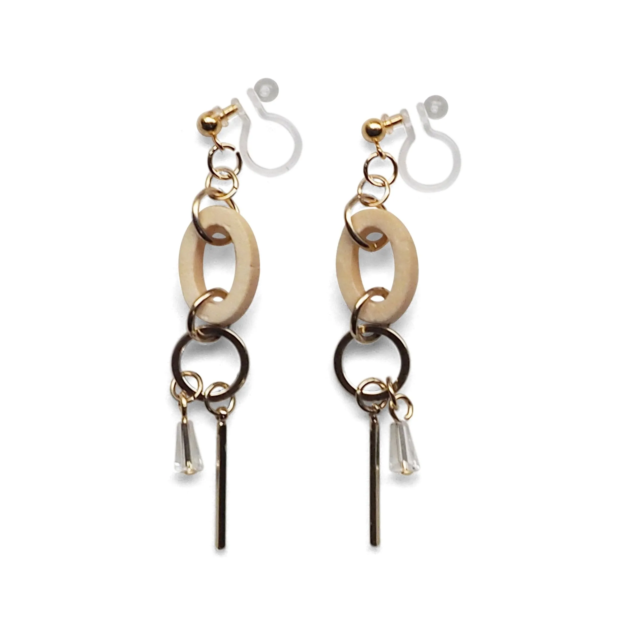 Beige Wood and Gold Hoop Invisible Clip On Earrings