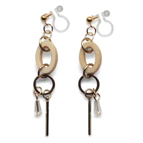 Beige Wood and Gold Hoop Invisible Clip On Earrings