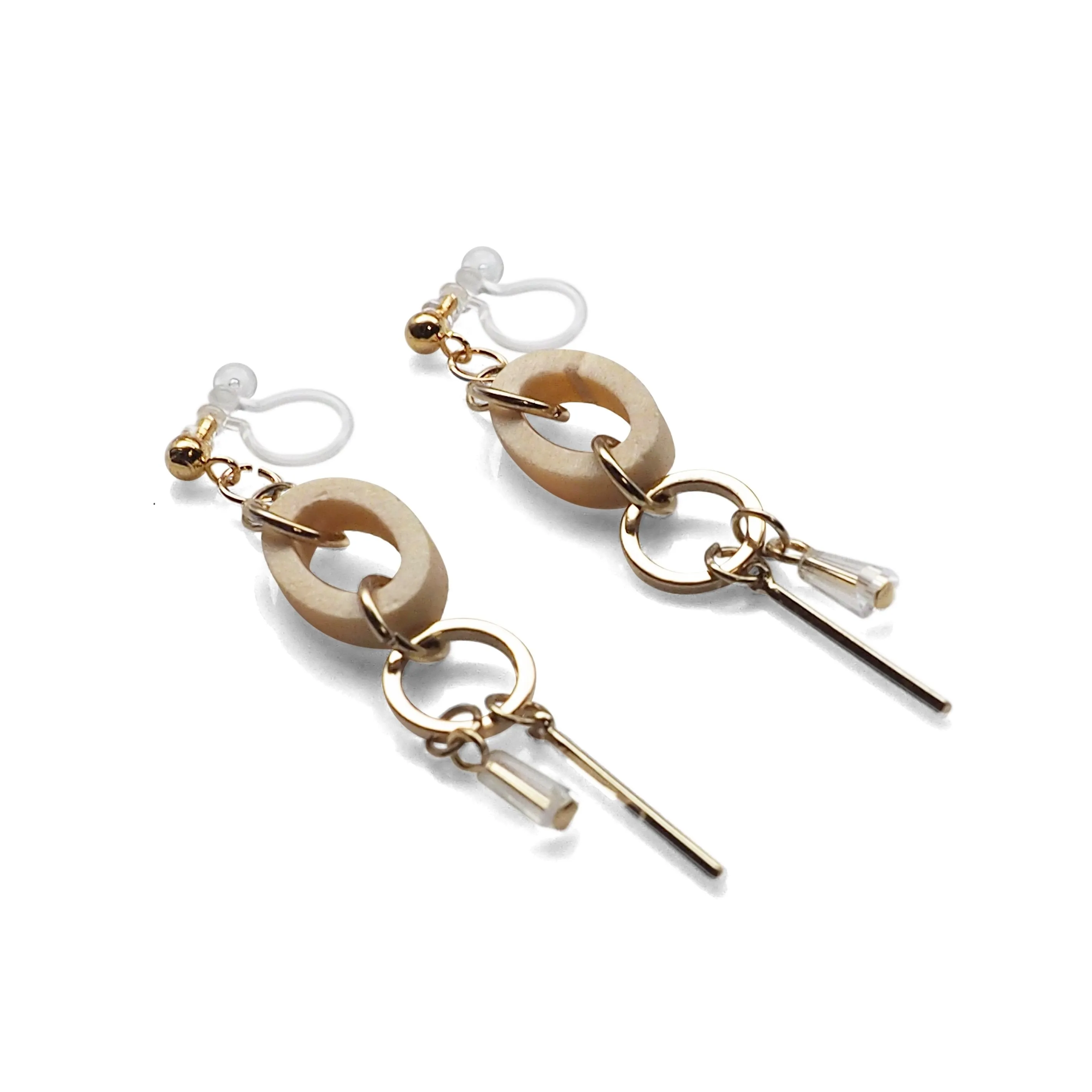 Beige Wood and Gold Hoop Invisible Clip On Earrings