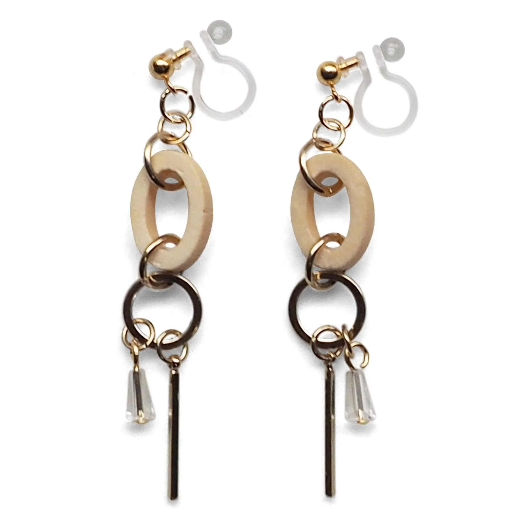 Beige Wood and Gold Hoop Invisible Clip On Earrings