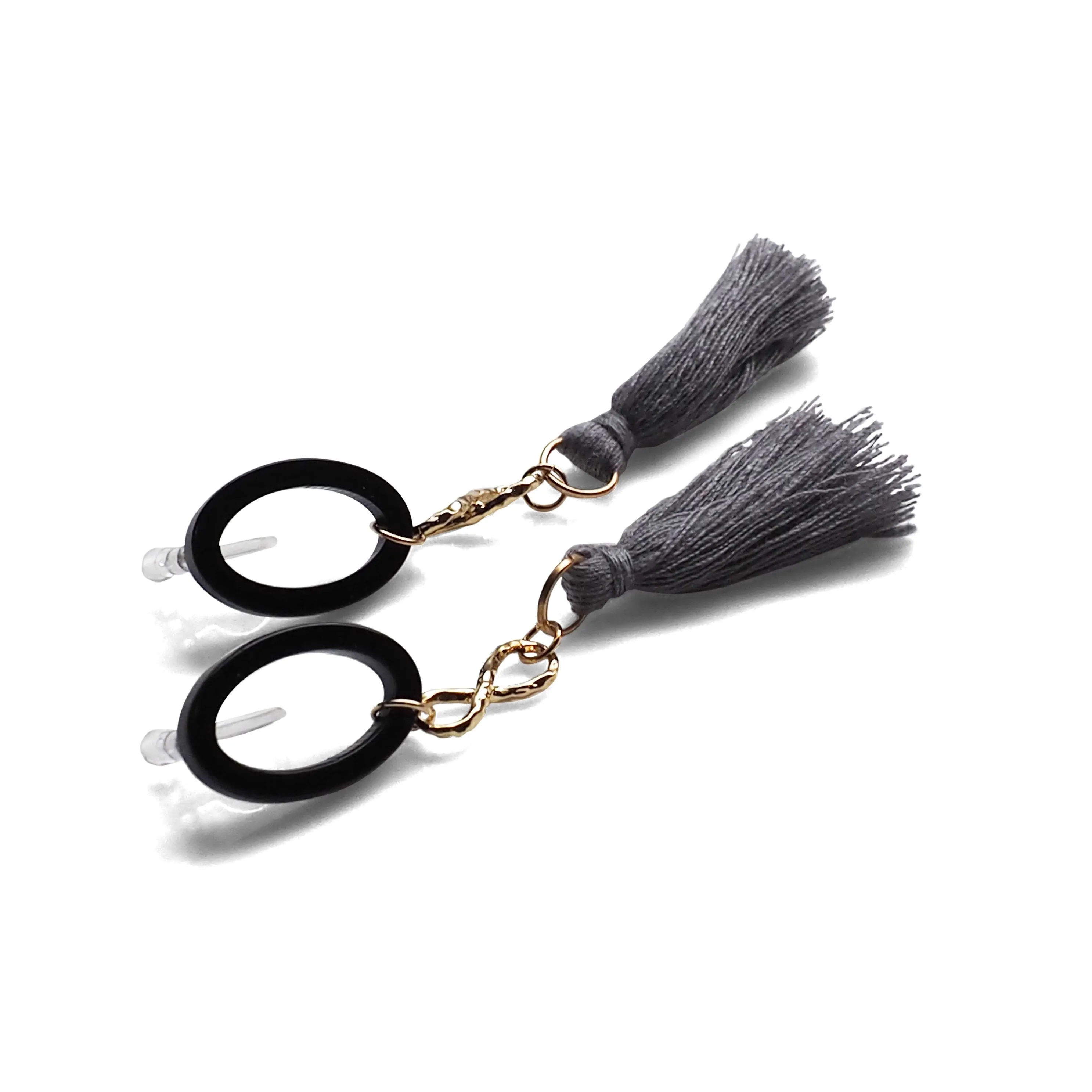 Black hoop with gray tassel invisible clip on earrings