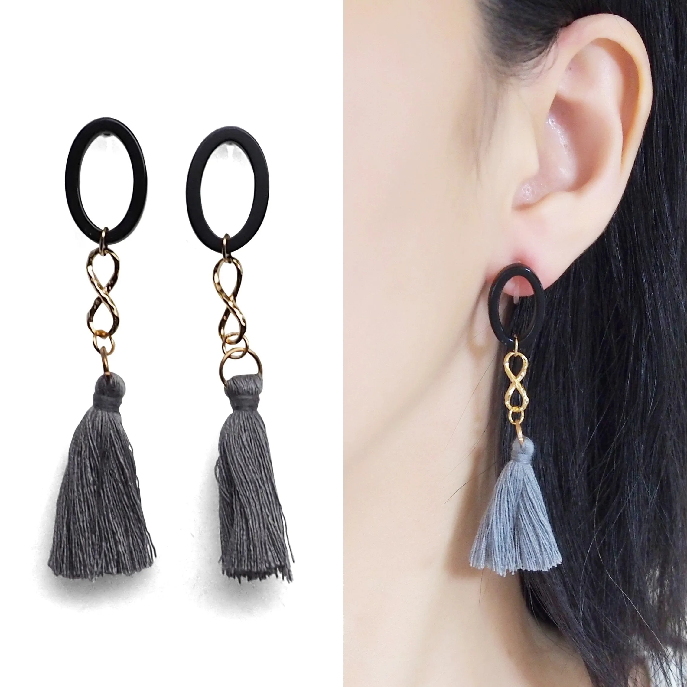 Black hoop with gray tassel invisible clip on earrings