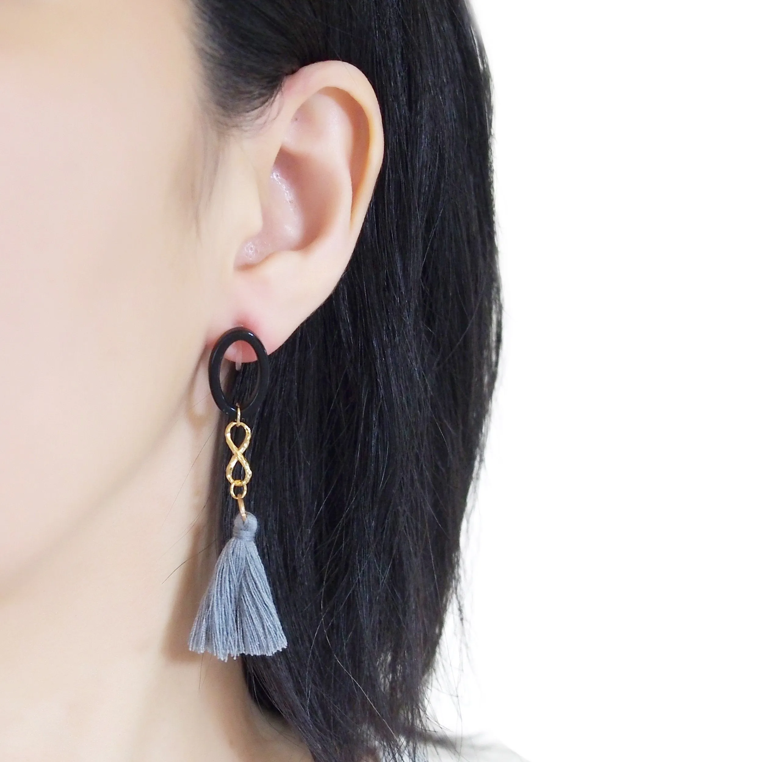 Black hoop with gray tassel invisible clip on earrings