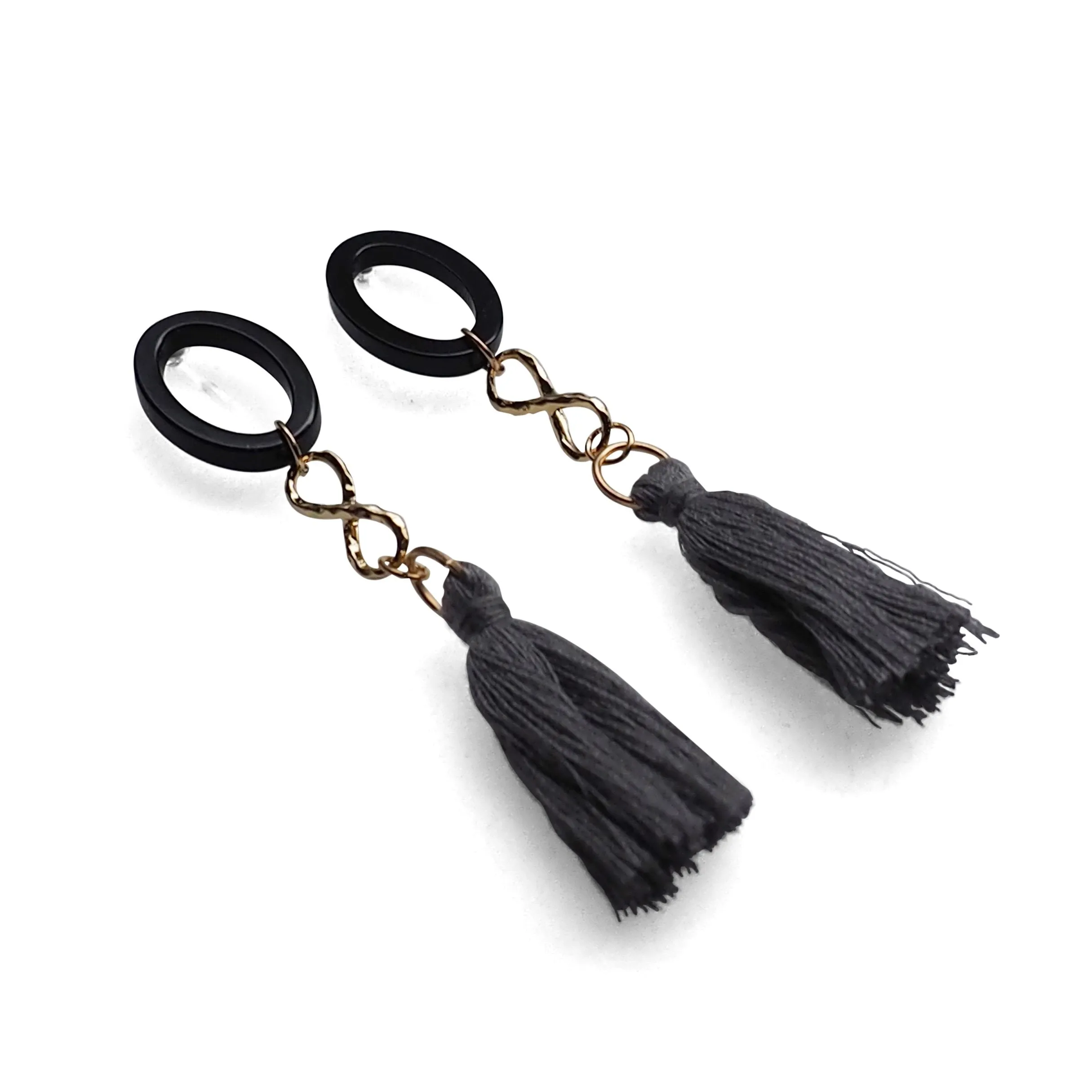 Black hoop with gray tassel invisible clip on earrings