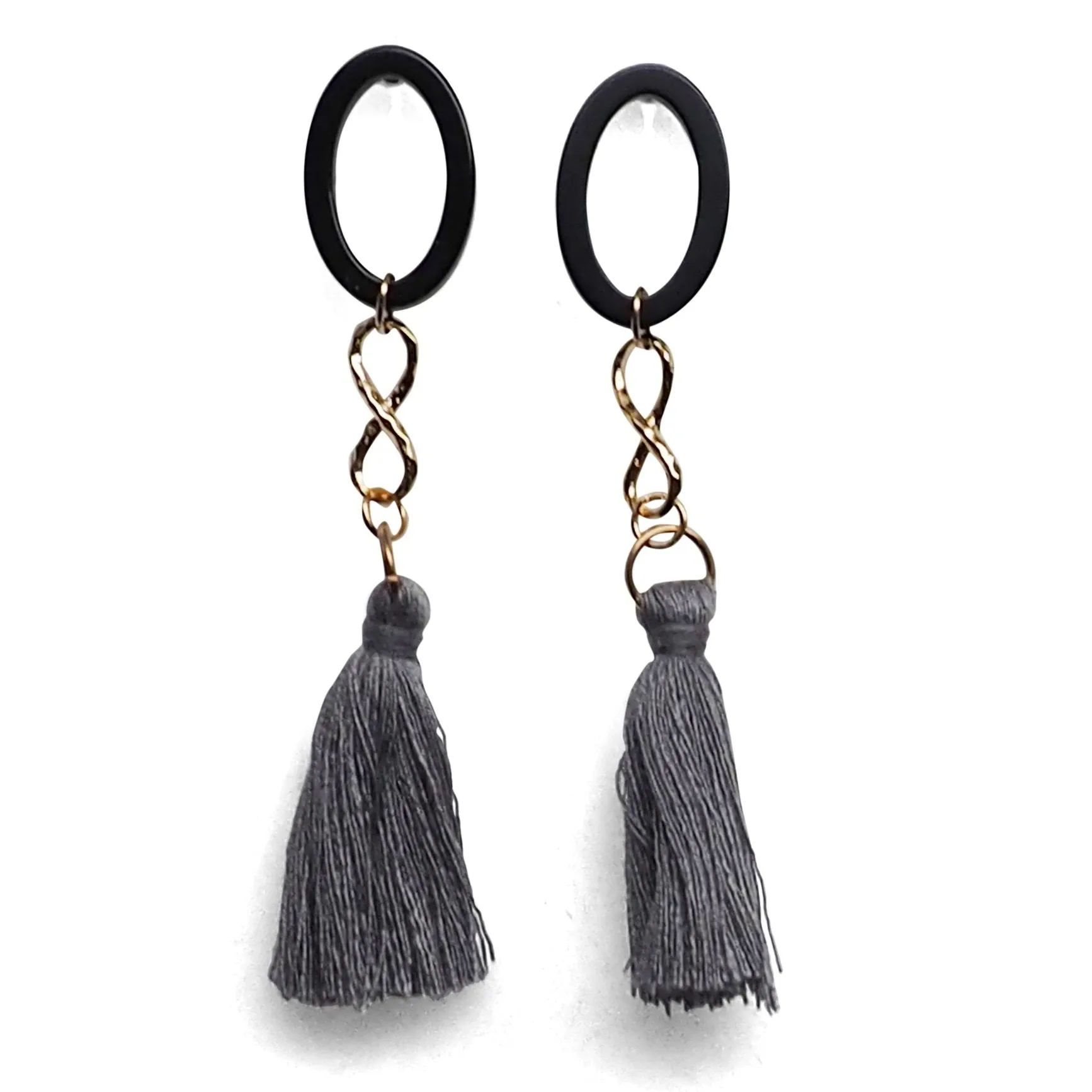 Black hoop with gray tassel invisible clip on earrings