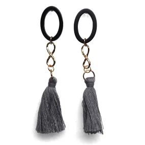 Black hoop with gray tassel invisible clip on earrings
