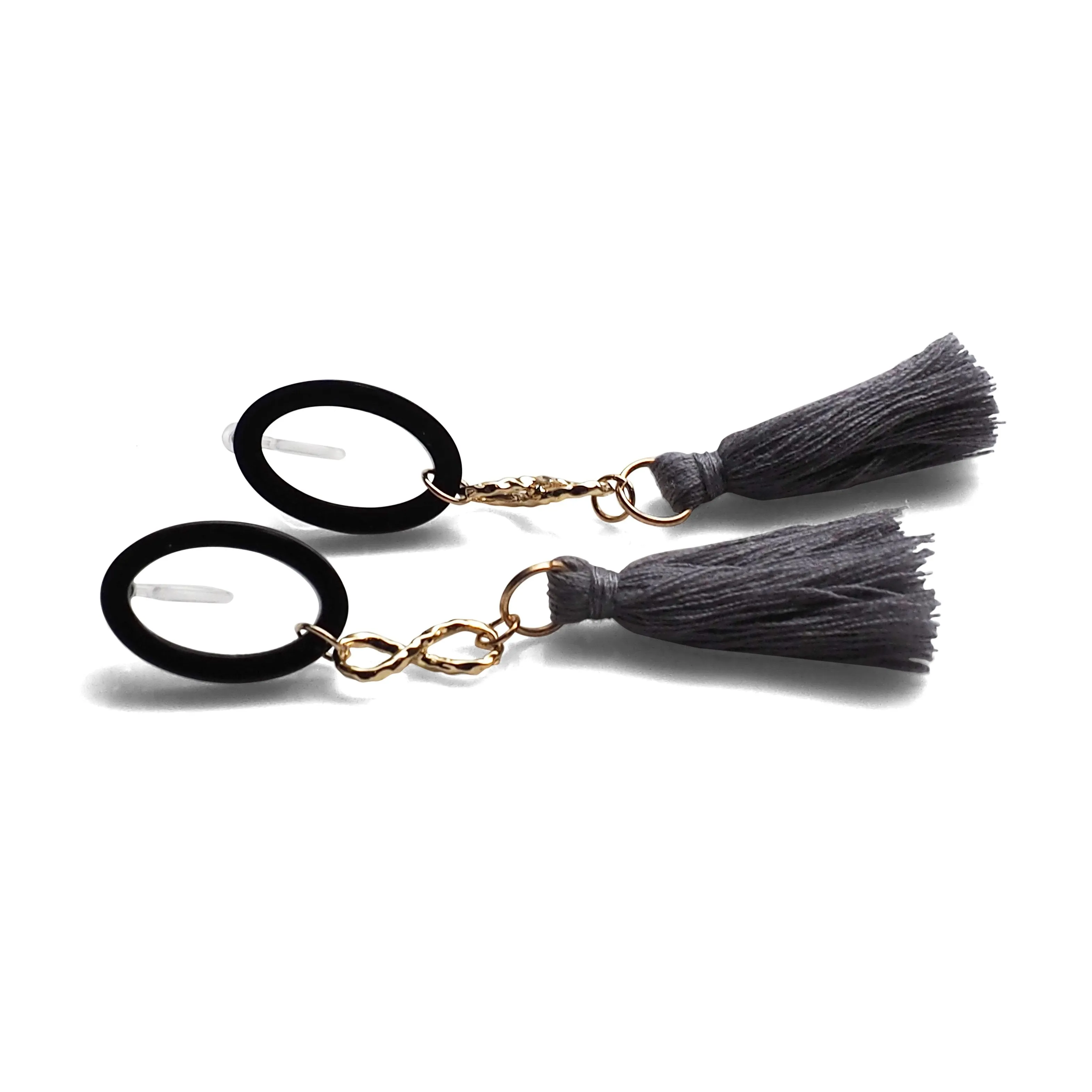 Black hoop with gray tassel invisible clip on earrings