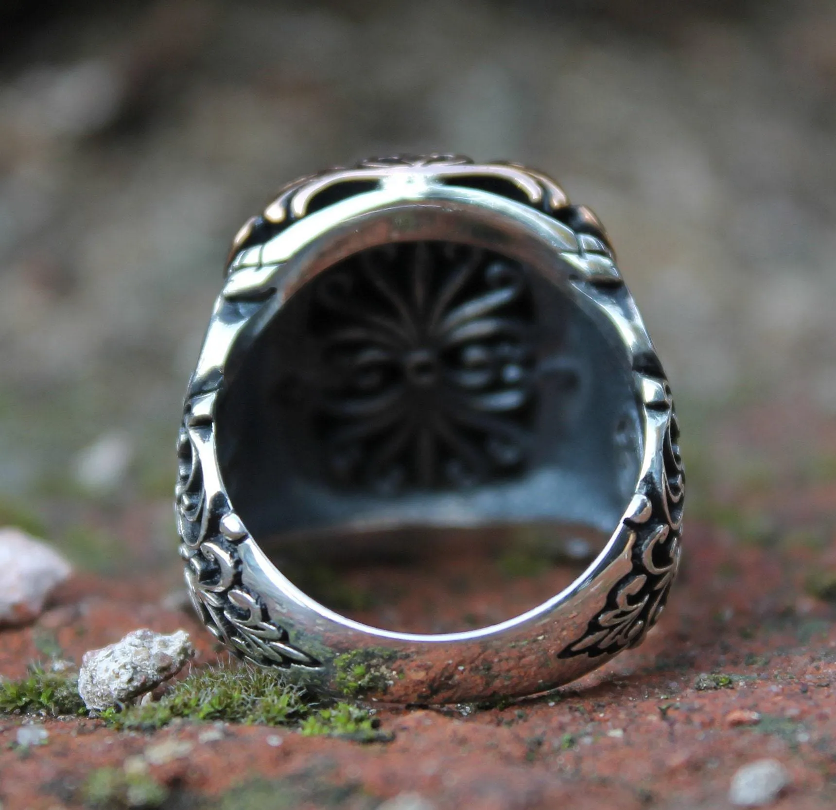 Black Onyx Gemstone Silver Men Ring, Turkish Handmade Engraved Silver Ring