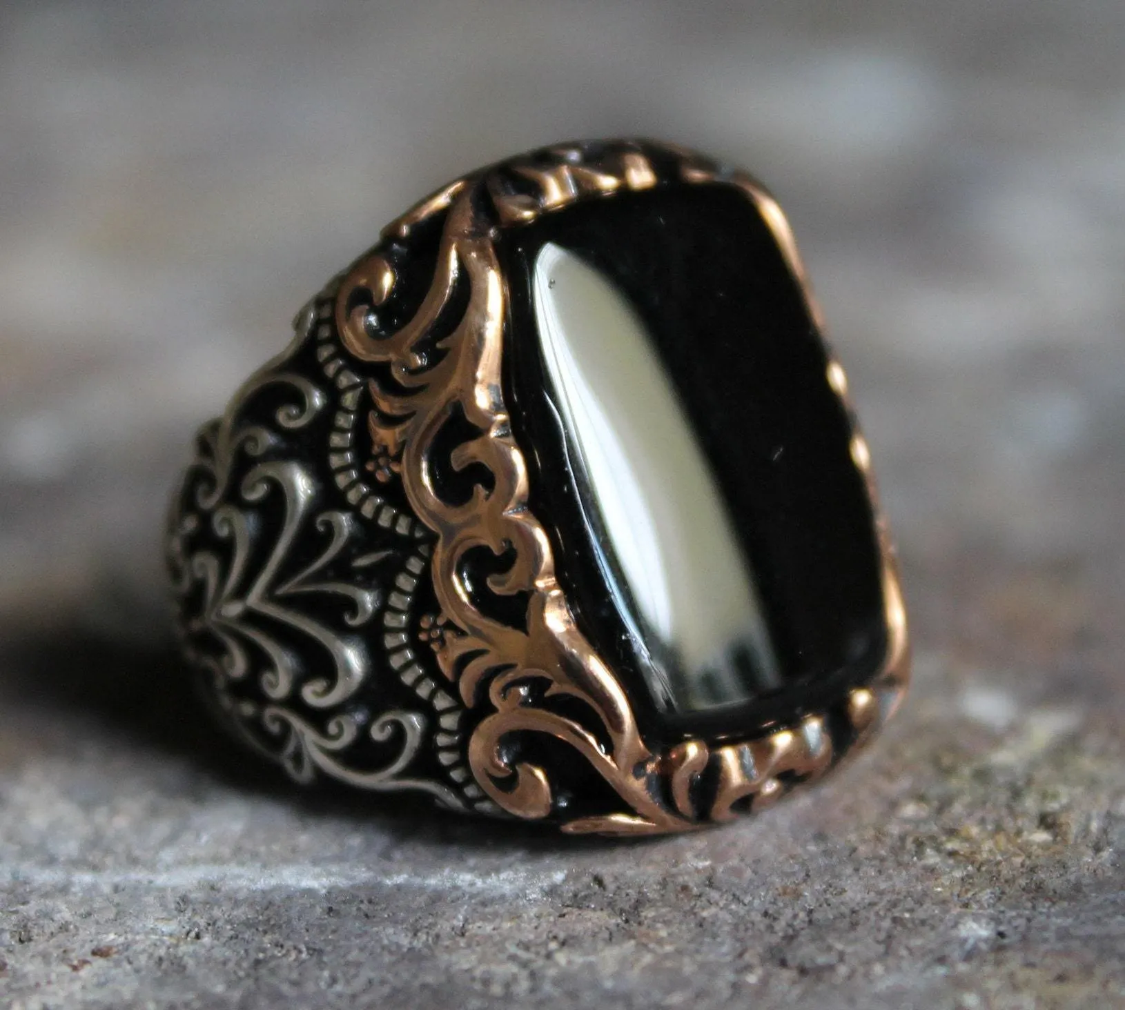 Black Onyx Gemstone Silver Men Ring, Turkish Handmade Engraved Silver Ring