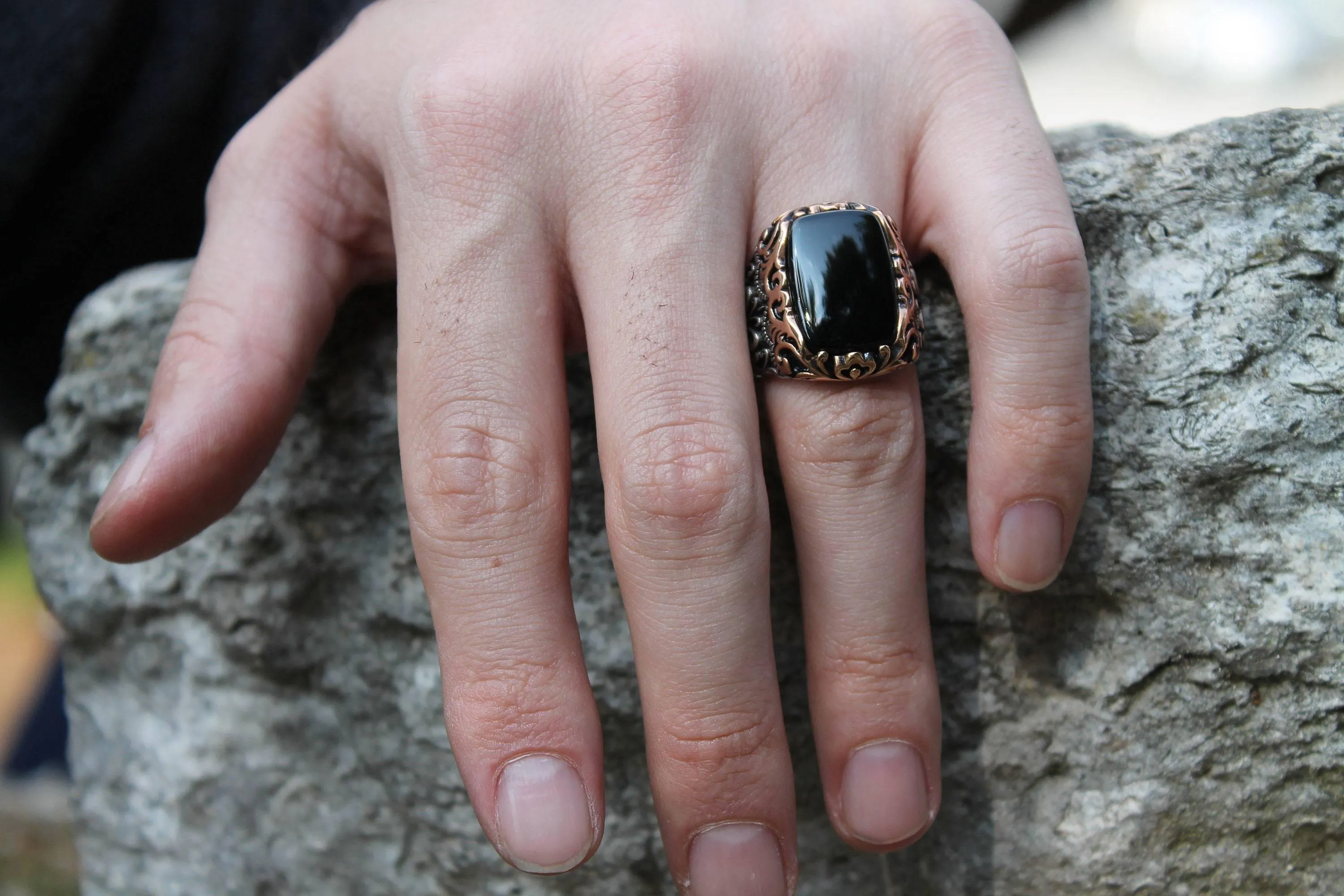 Black Onyx Gemstone Silver Men Ring, Turkish Handmade Engraved Silver Ring