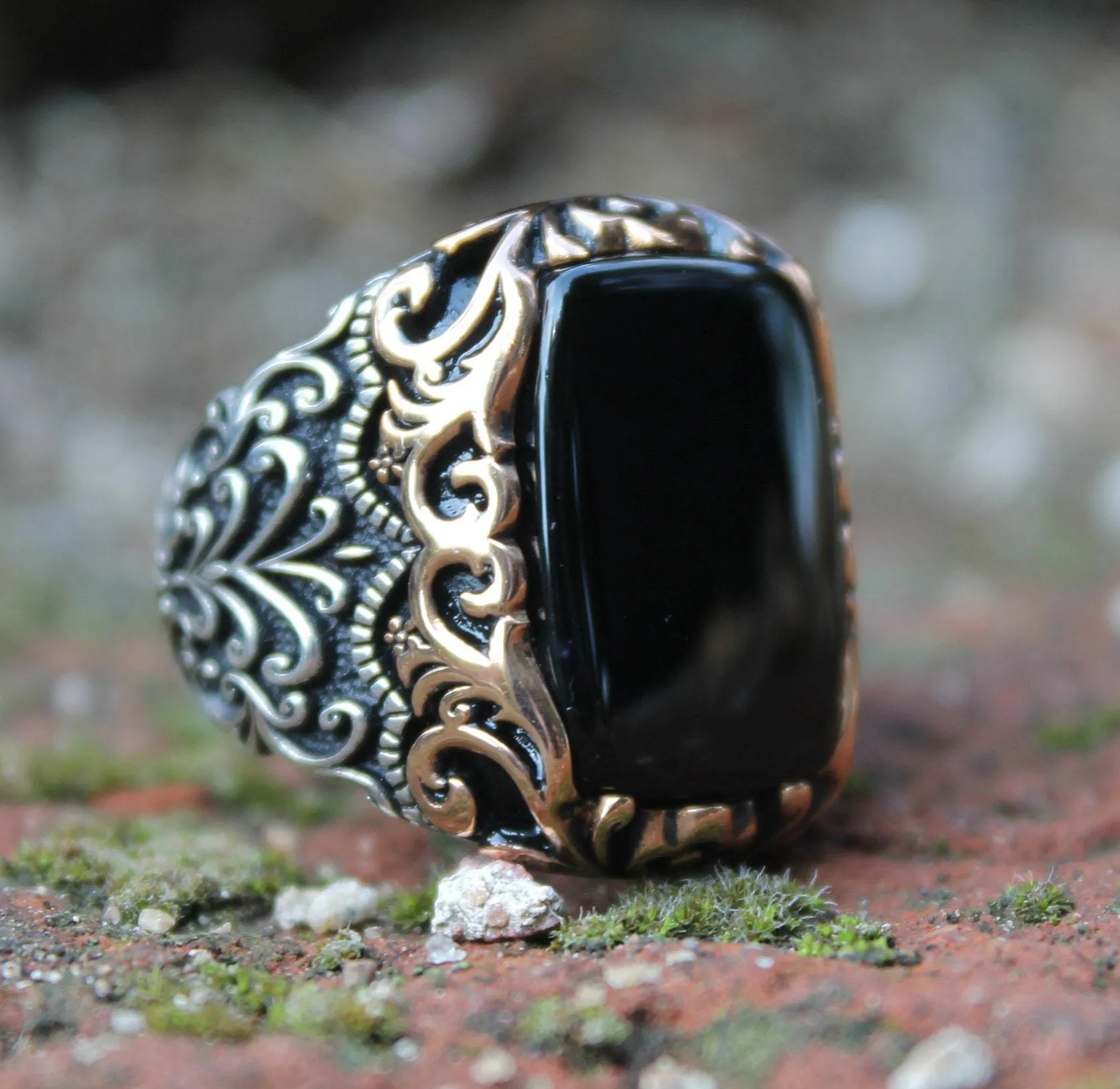 Black Onyx Gemstone Silver Men Ring, Turkish Handmade Engraved Silver Ring