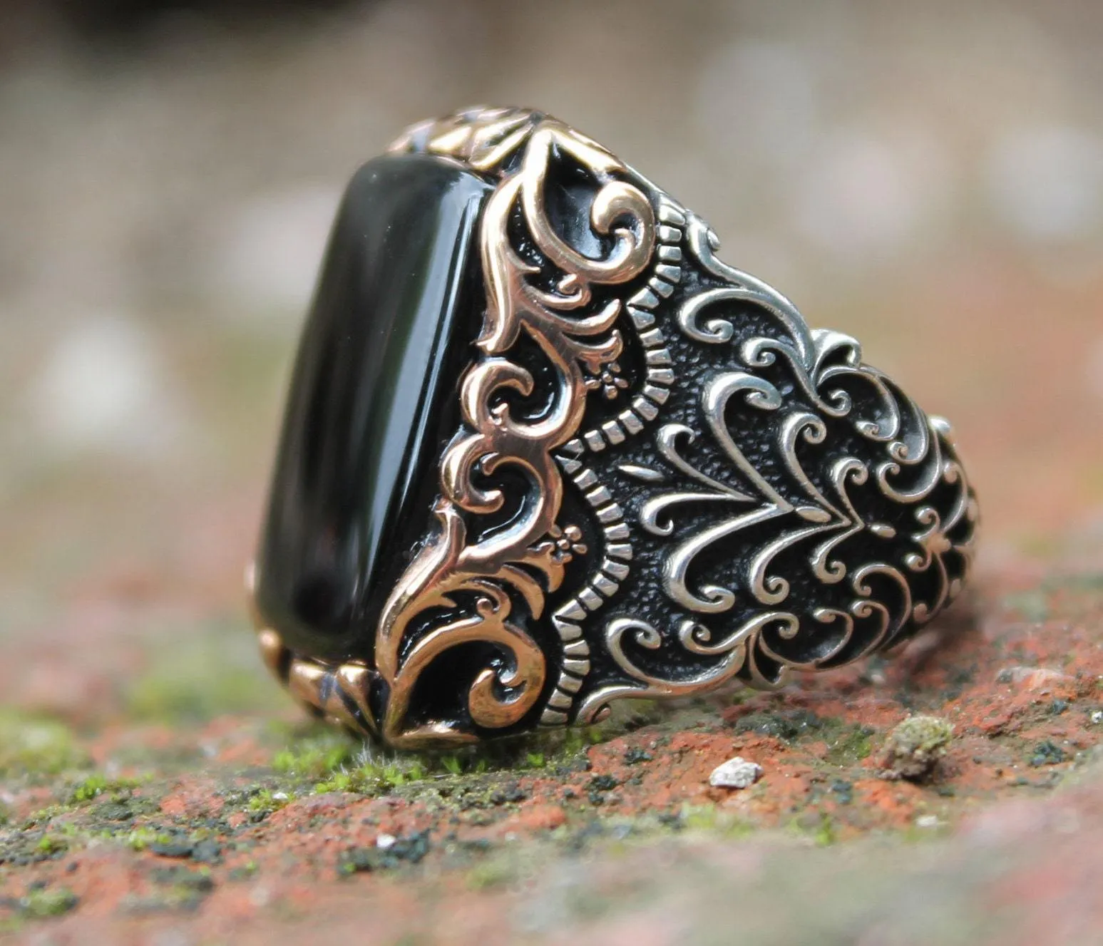 Black Onyx Gemstone Silver Men Ring, Turkish Handmade Engraved Silver Ring