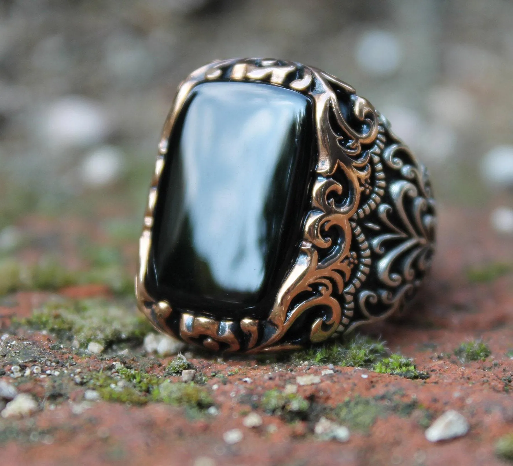 Black Onyx Gemstone Silver Men Ring, Turkish Handmade Engraved Silver Ring