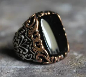 Black Onyx Gemstone Silver Men Ring, Turkish Handmade Engraved Silver Ring