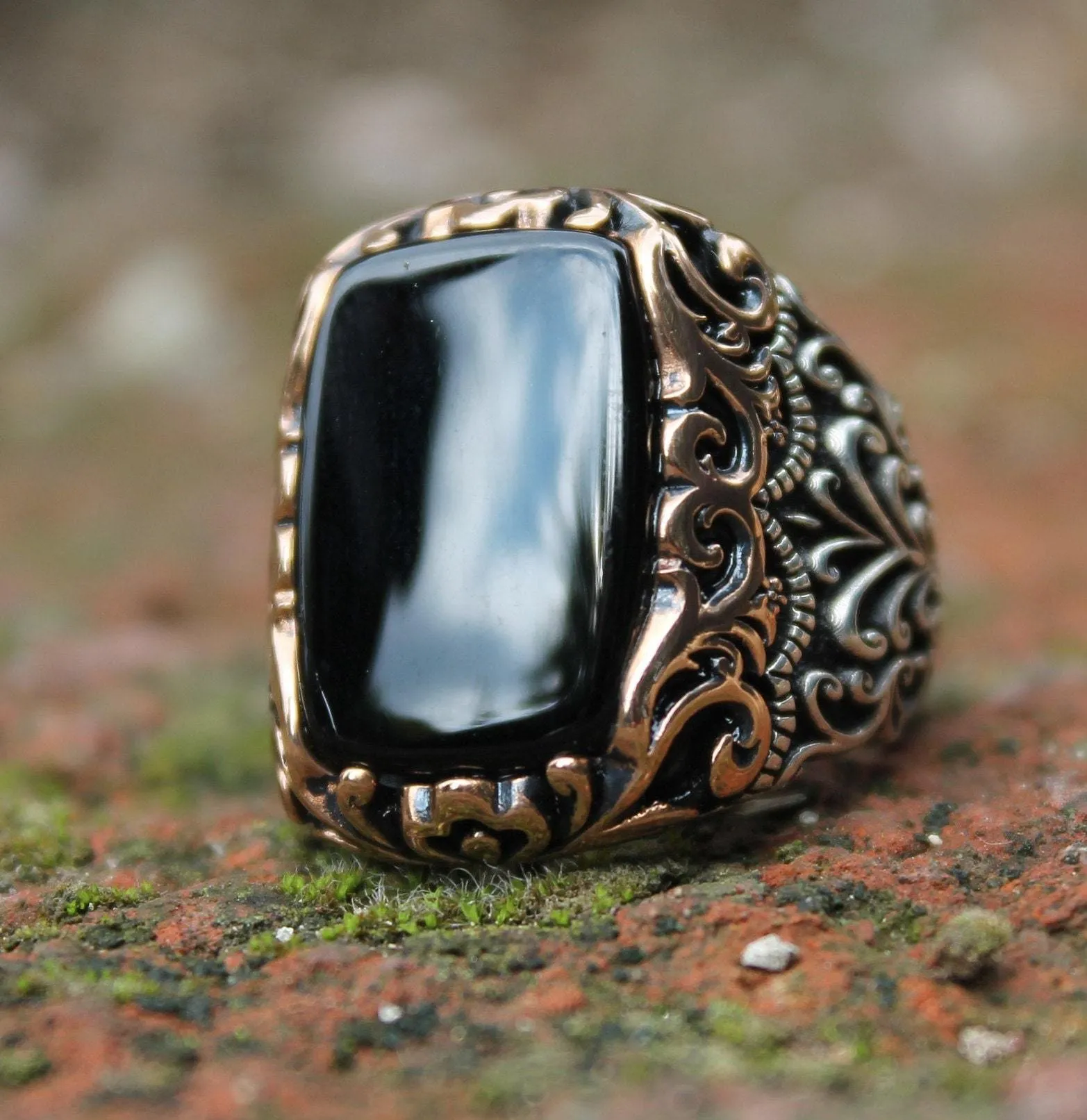 Black Onyx Gemstone Silver Men Ring, Turkish Handmade Engraved Silver Ring