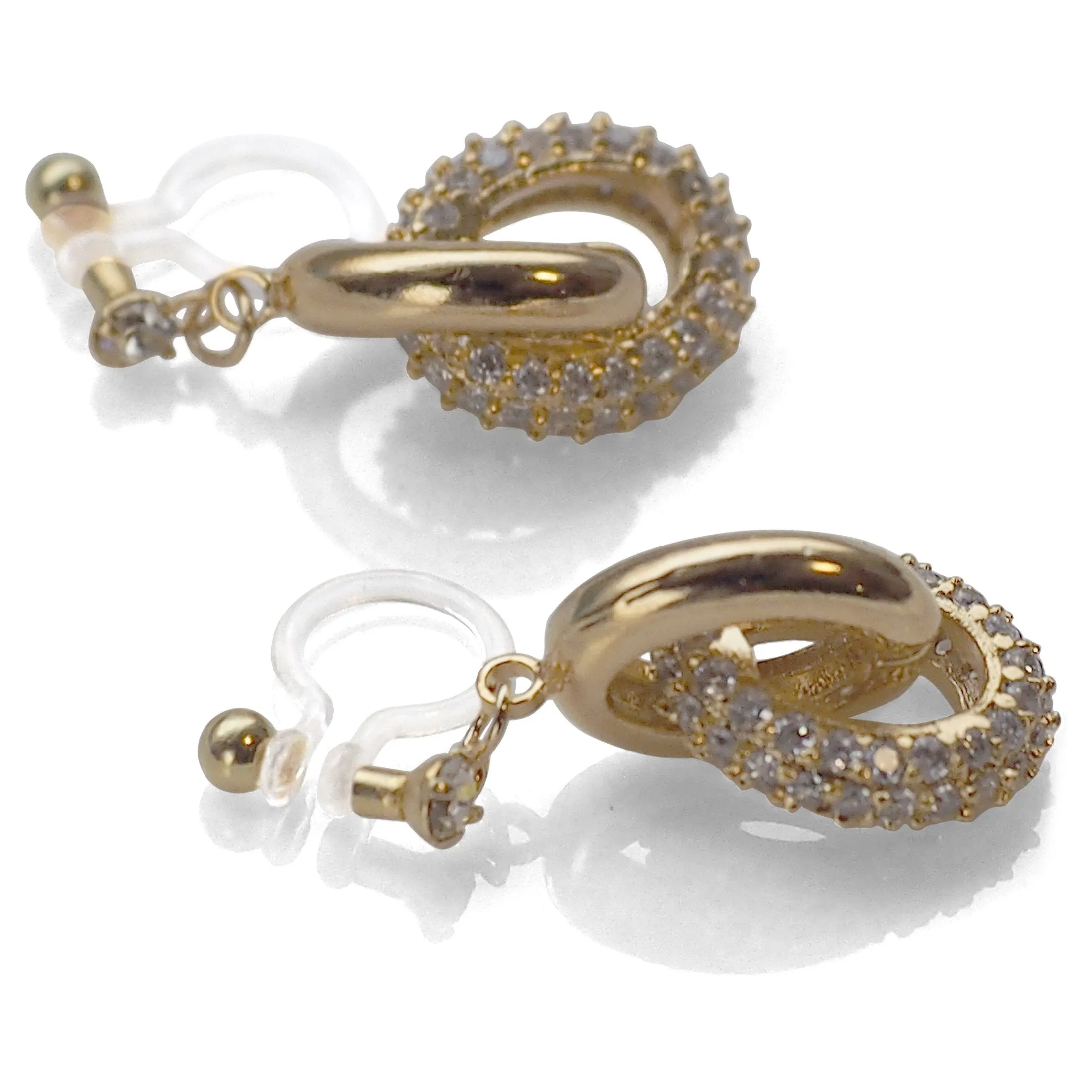 Bridal cubic zirconia micro pave ring invisible clip on earrings ( gold tone )