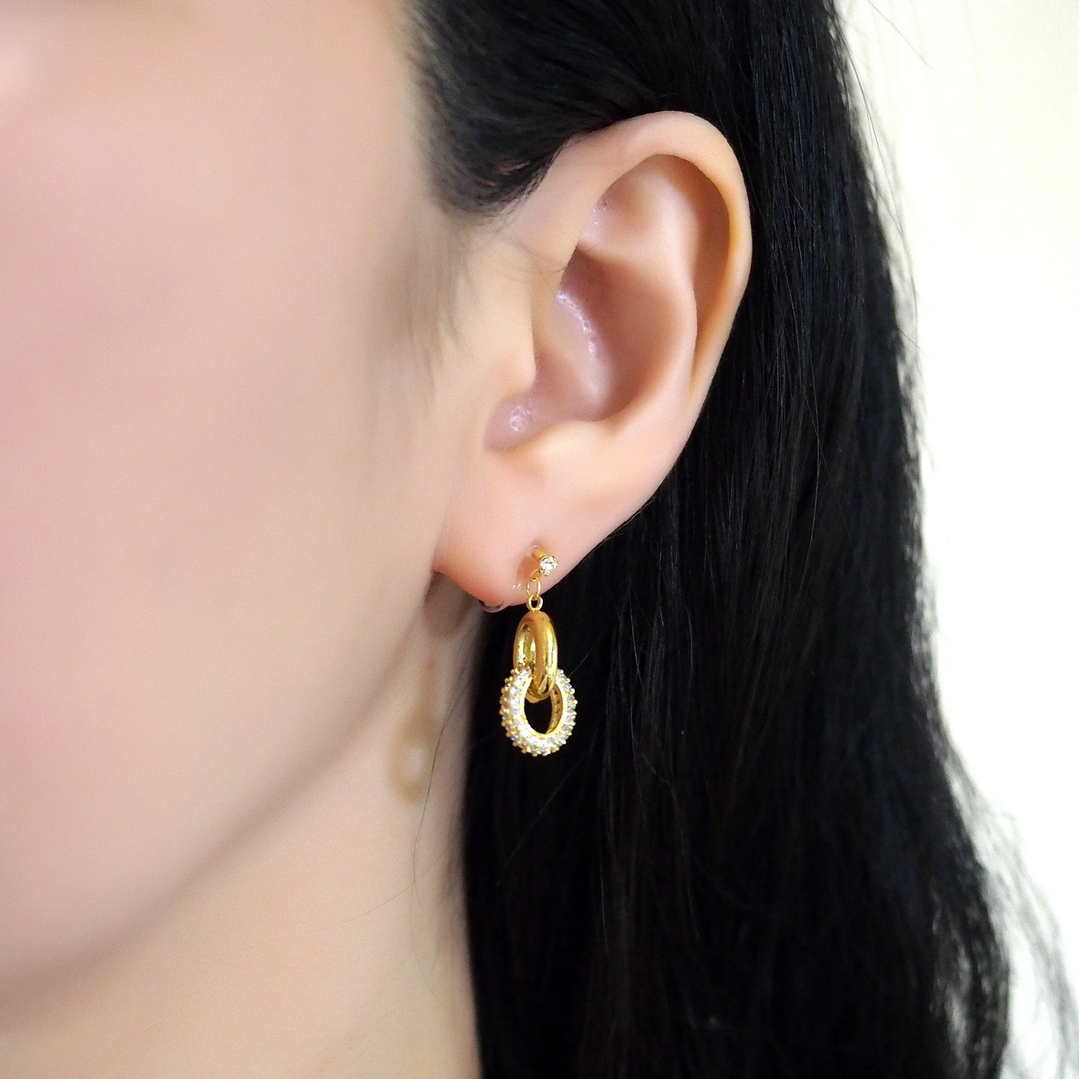 Bridal cubic zirconia micro pave ring invisible clip on earrings ( gold tone )