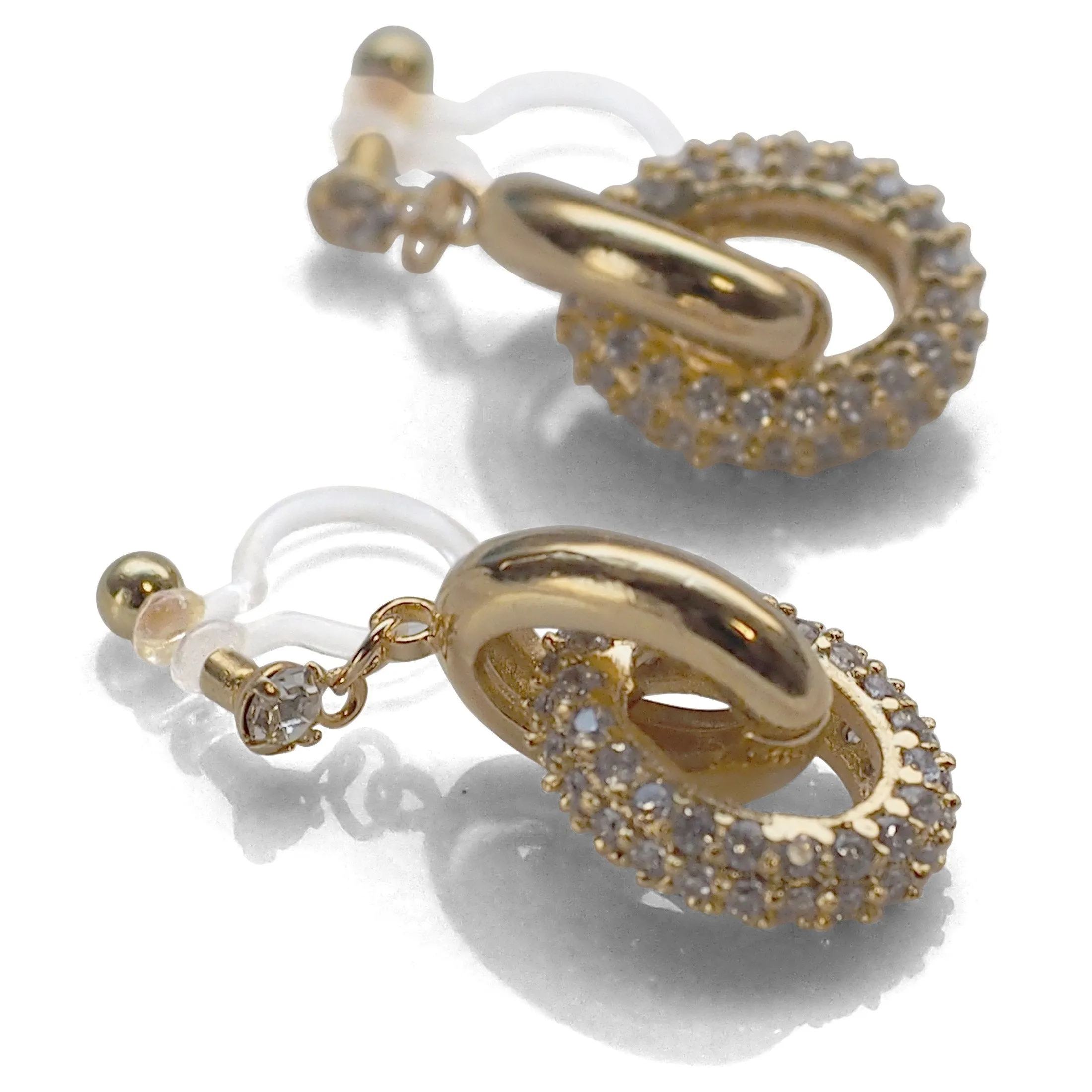 Bridal cubic zirconia micro pave ring invisible clip on earrings ( gold tone )
