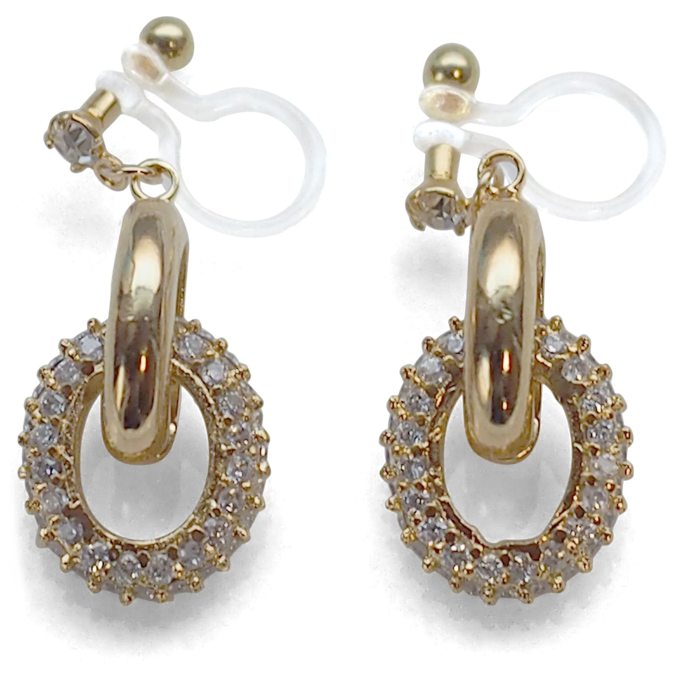 Bridal cubic zirconia micro pave ring invisible clip on earrings ( gold tone )