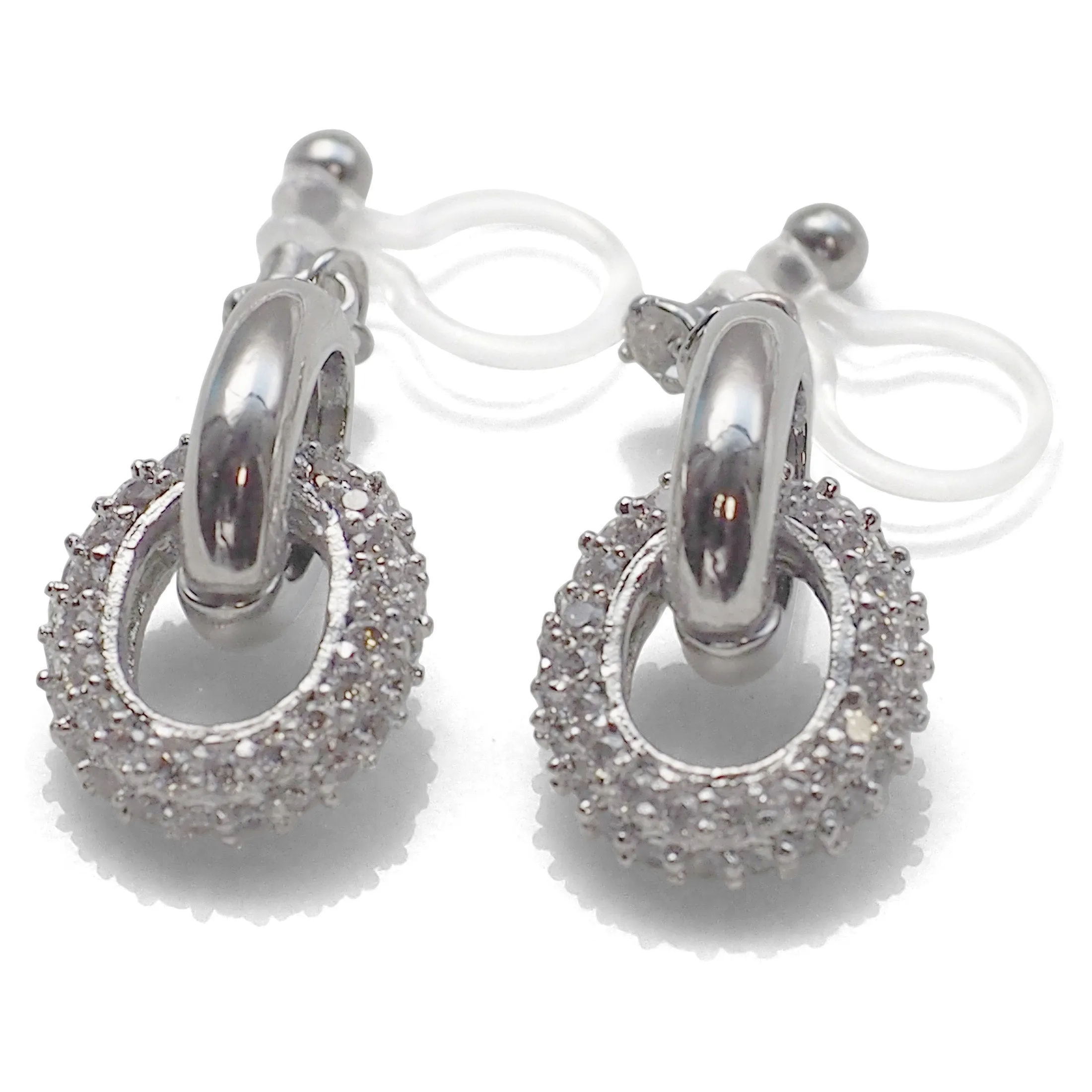 Bridal cubic zirconia micro pave ring invisible clip on earrings ( silver tone )