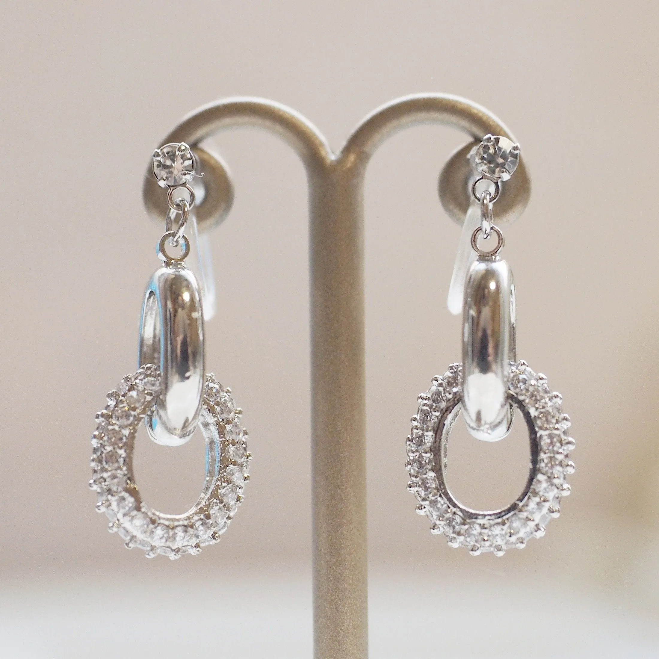 Bridal cubic zirconia micro pave ring invisible clip on earrings ( silver tone )